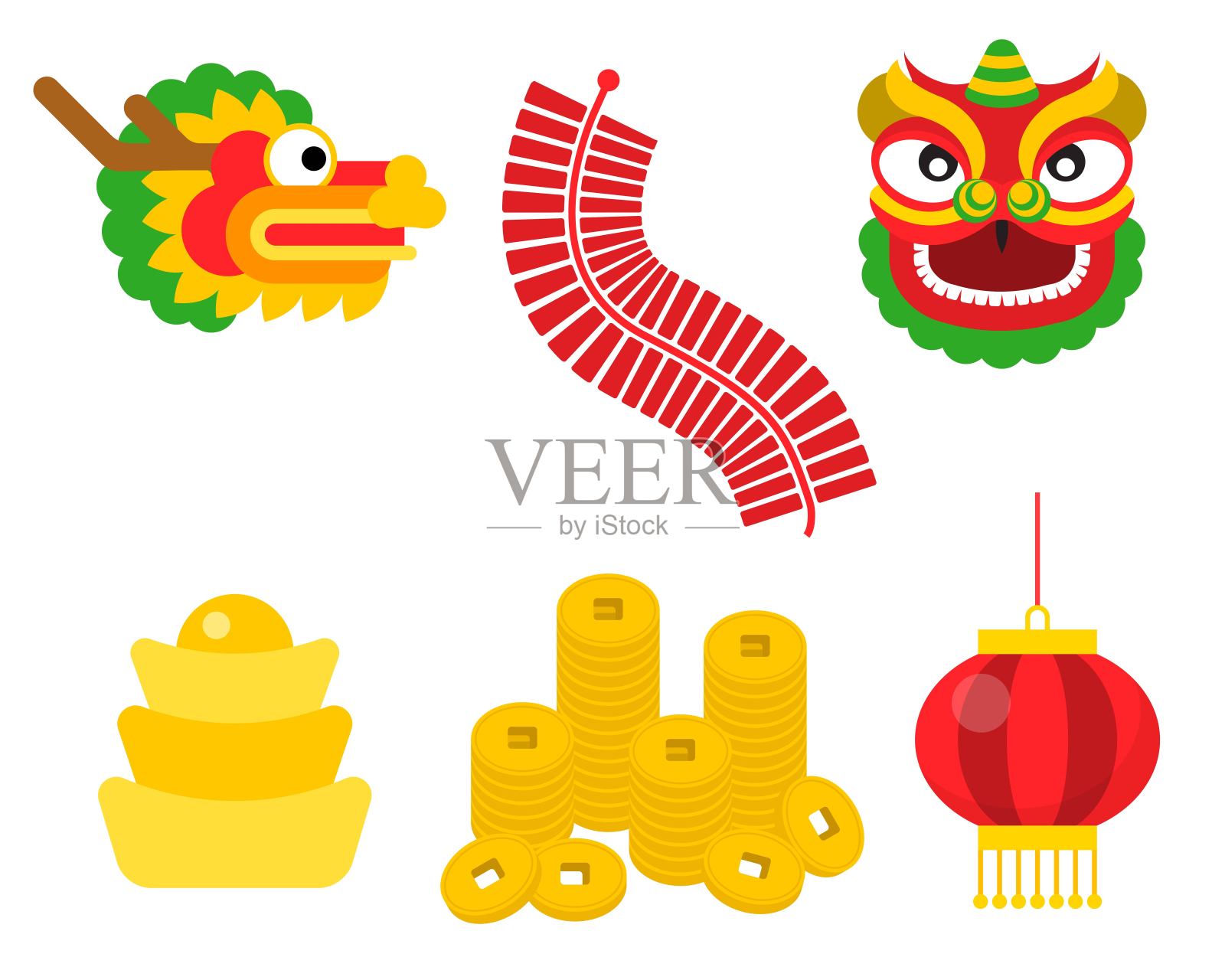 中国新年插图材料如舞狮头、龙、金条插画图片素材