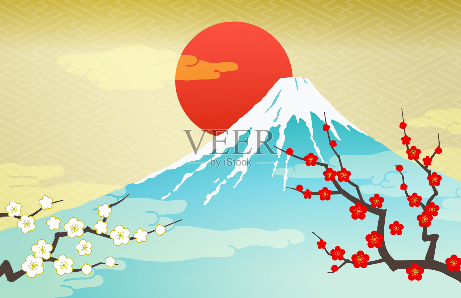 富士山和日出，红白梅子插画图片素材