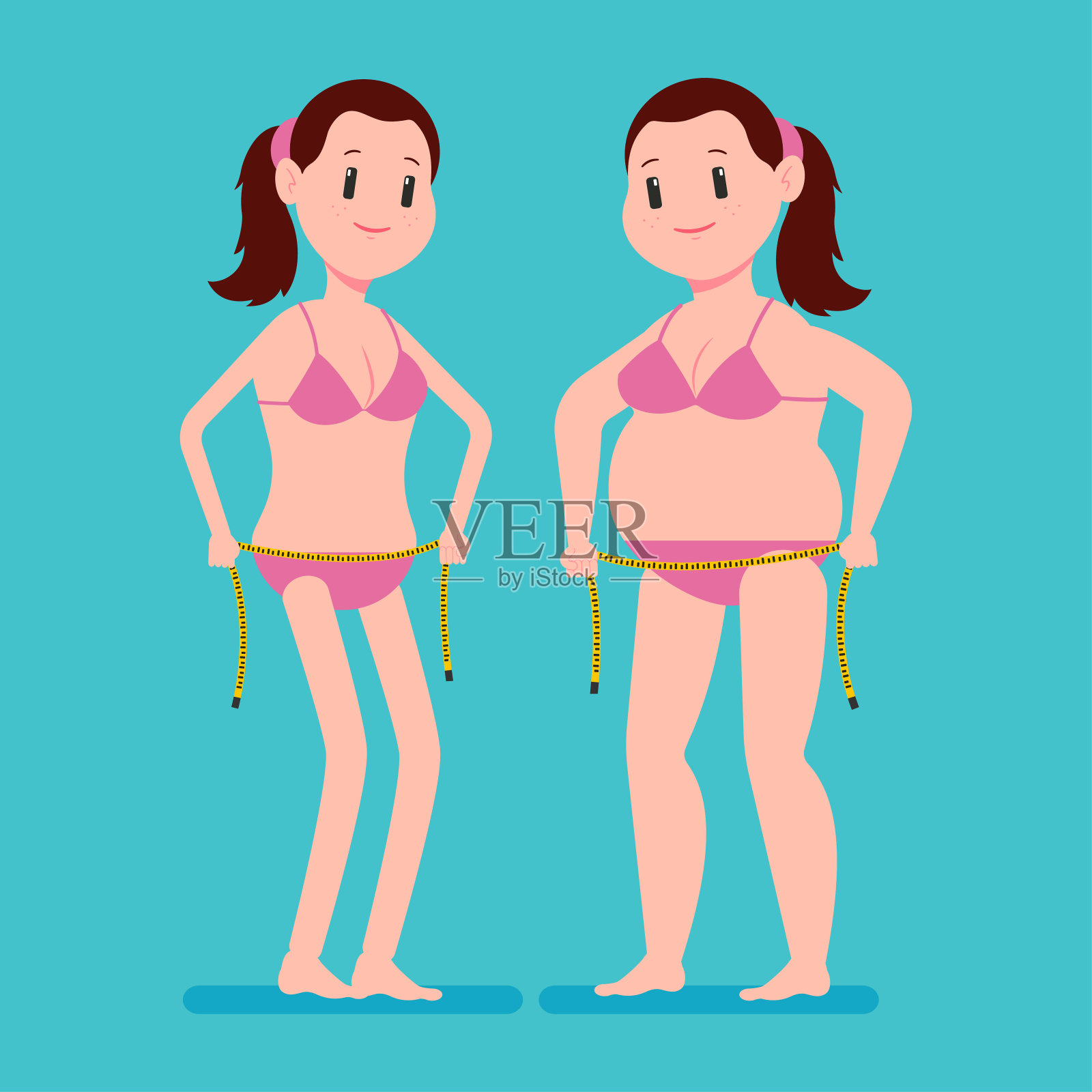 又胖又瘦的女孩穿着泳衣拿着卷尺。矢量卡通女人角色孤立的背景。减肥概念插图。插画图片素材