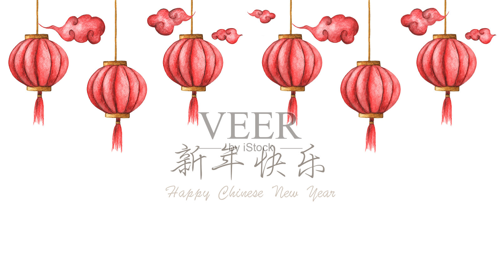 手绘水彩画的中国灯笼。汉字意味着新年快乐。插画图片素材