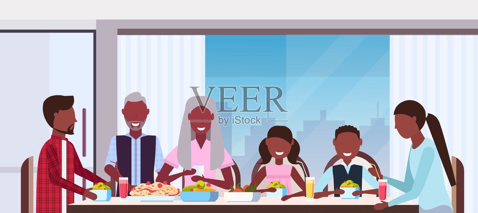 多代家庭围坐在餐桌旁吃饭，一起快乐的非裔美国人祖父母、父母和孩子现代厨房内部特写肖像平水平插画图片素材