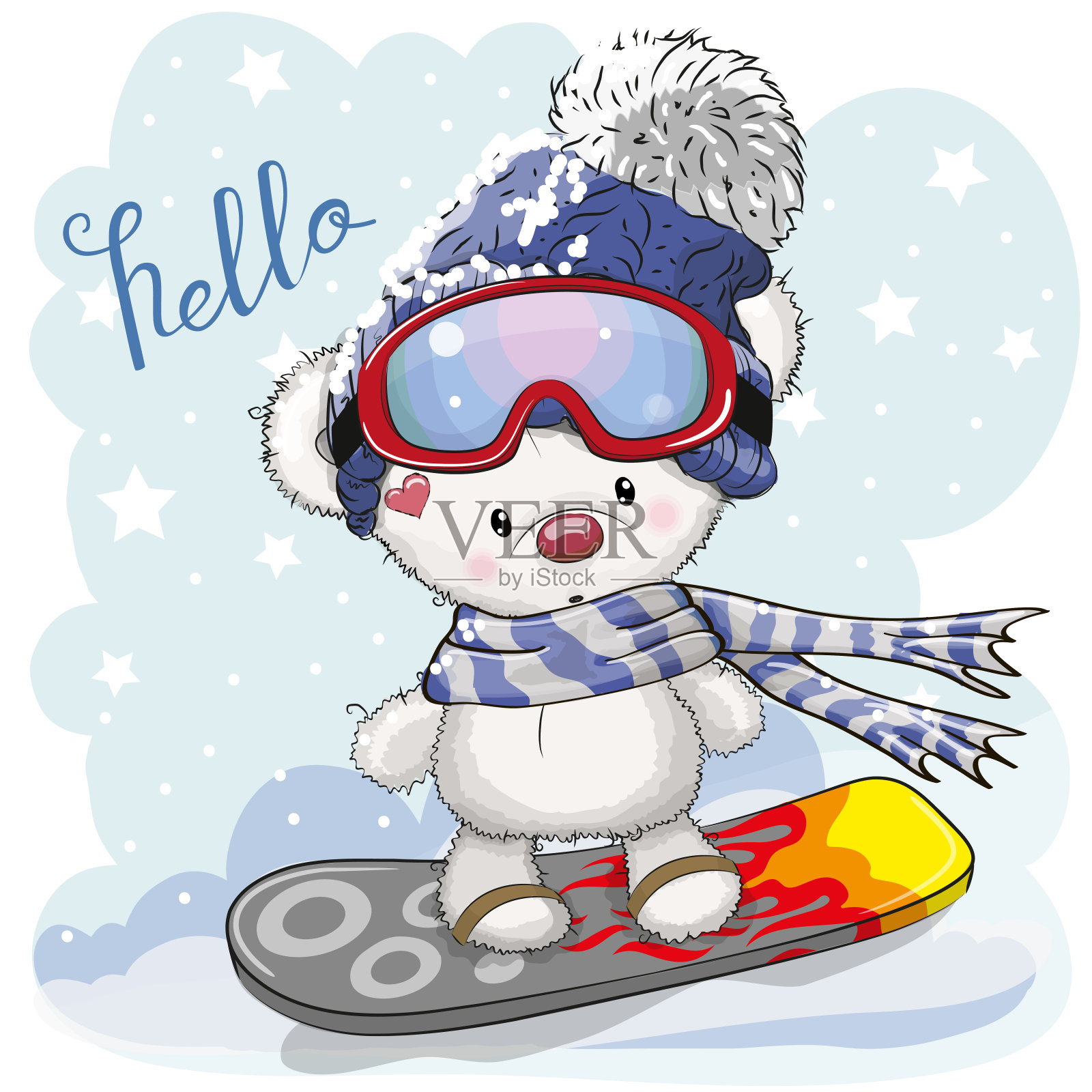 可爱的卡通熊在滑雪板上插画图片素材