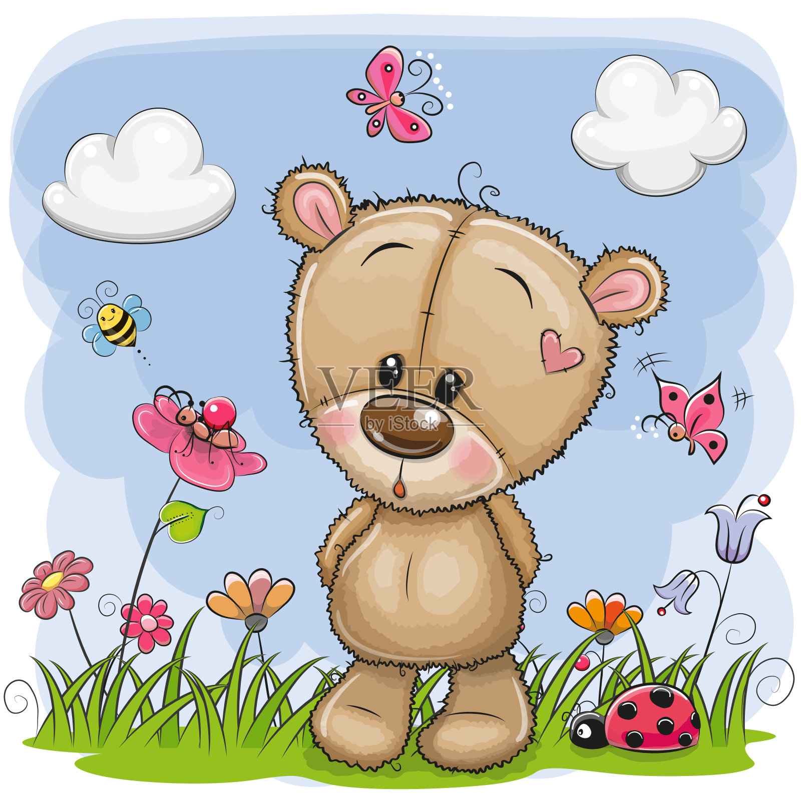 可爱的卡通泰迪熊在草地上插画图片素材