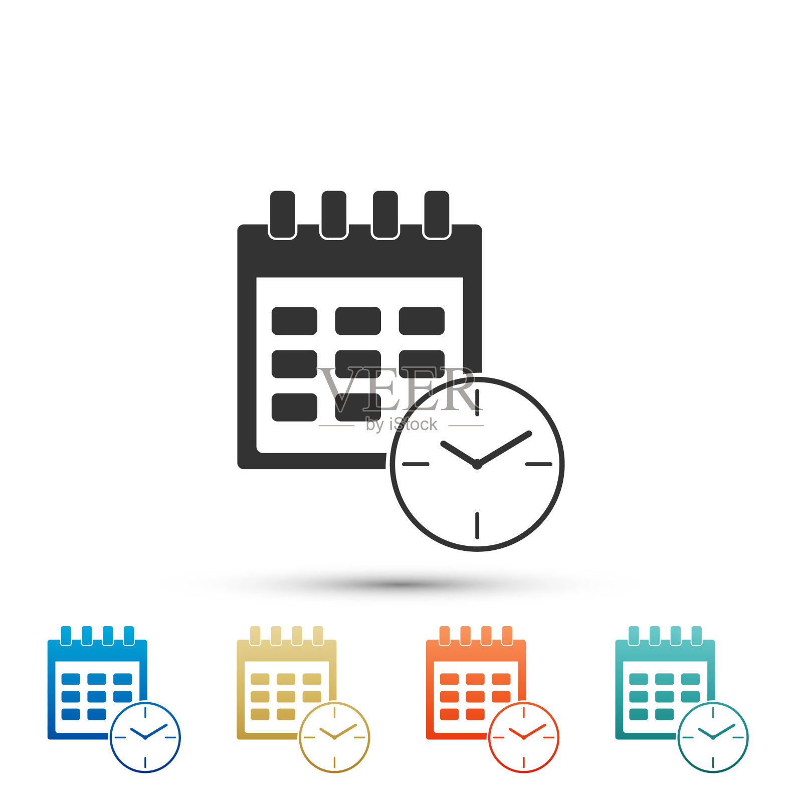 日历和时钟图标隔离在白色背景。进度表，预约，组织者，时间表，时间管理，重要日期。日期和时间标记。在颜色图标中设置元素。矢量图图标素材