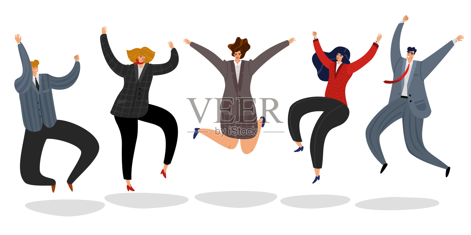 业务人员跳。兴奋快乐的员工跳卡通激励团队办公室职员庆祝成功获胜插画图片素材