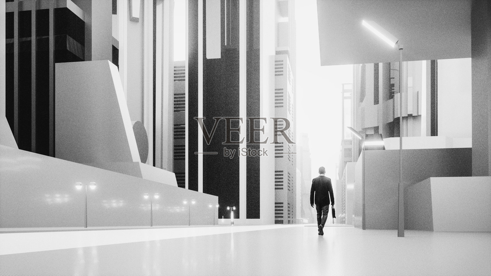 孤独的商人走在未来的城市里照片摄影图片