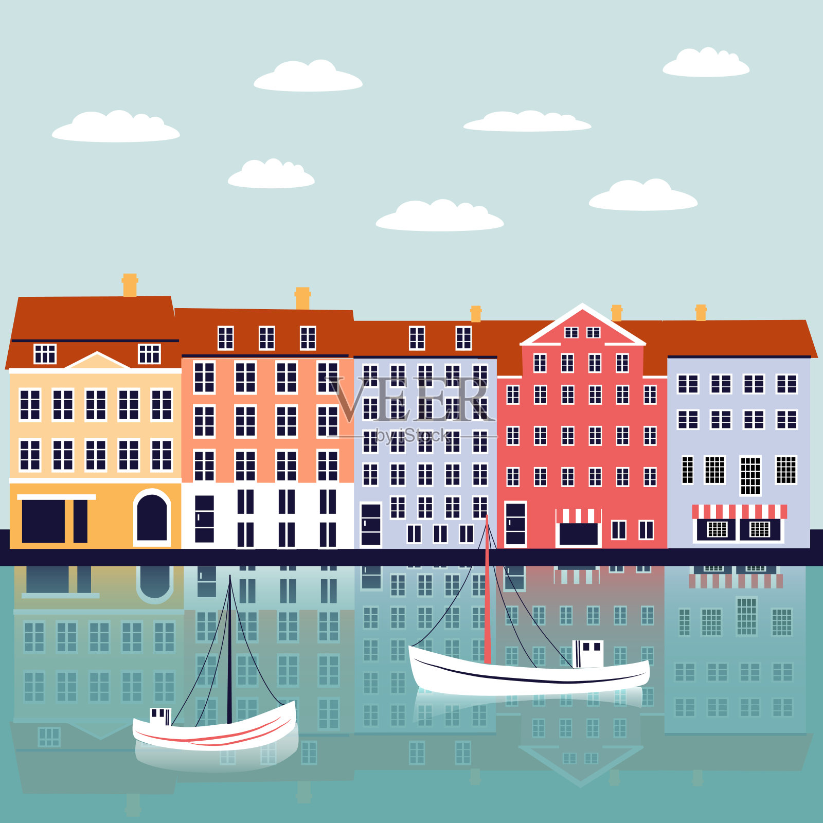 尼哈芬哥本哈根丹麦地标矢量卡通插图，丹麦装饰平面背景，河上五颜六色的建筑，建筑历史景观景点，旅游观光景观插画图片素材