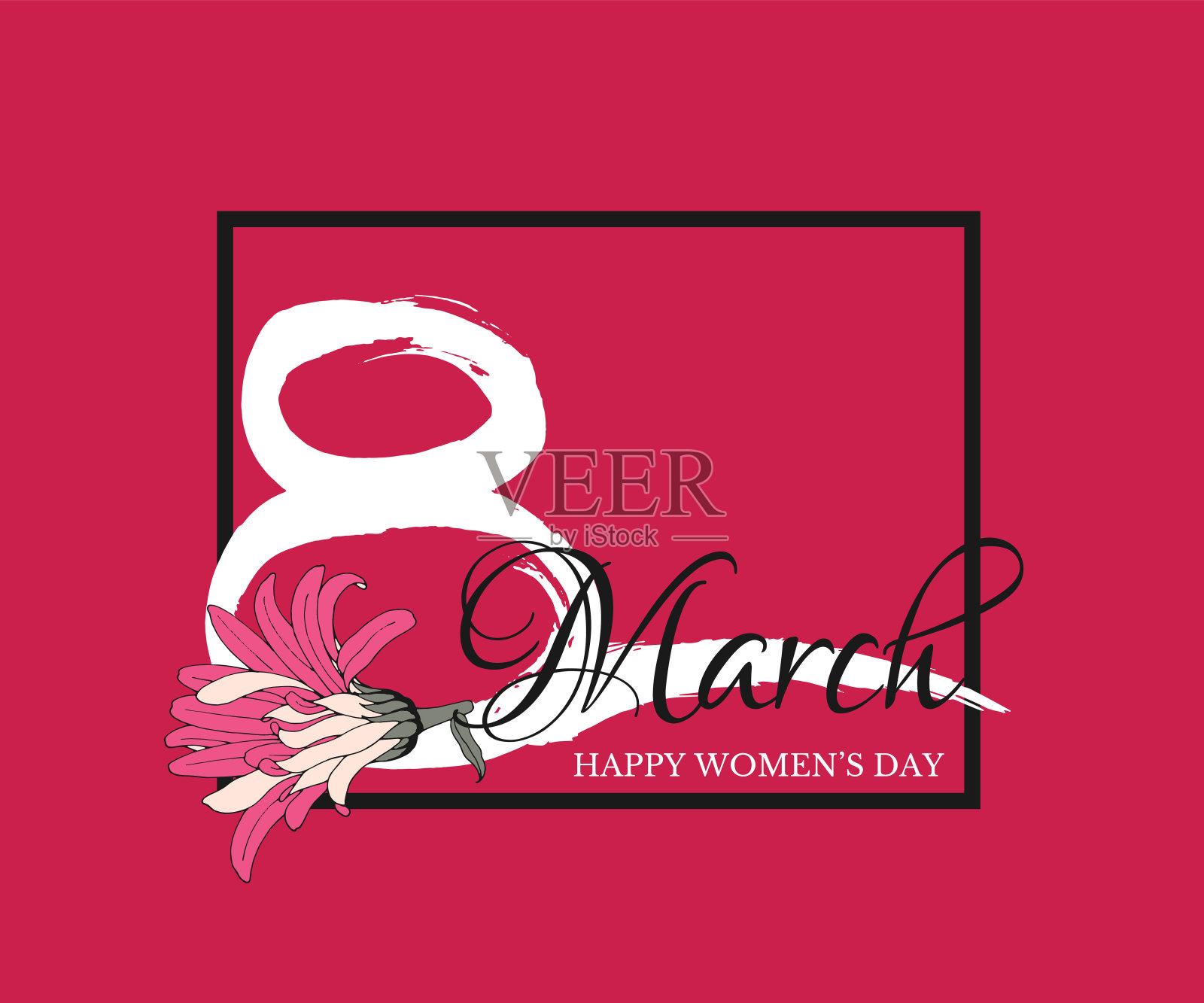 快乐的妇女节贺卡与手绘数字8和粉红色的花在黑色框架在红色的背景。3月8日字书法为国际女性节日横幅设计插画图片素材