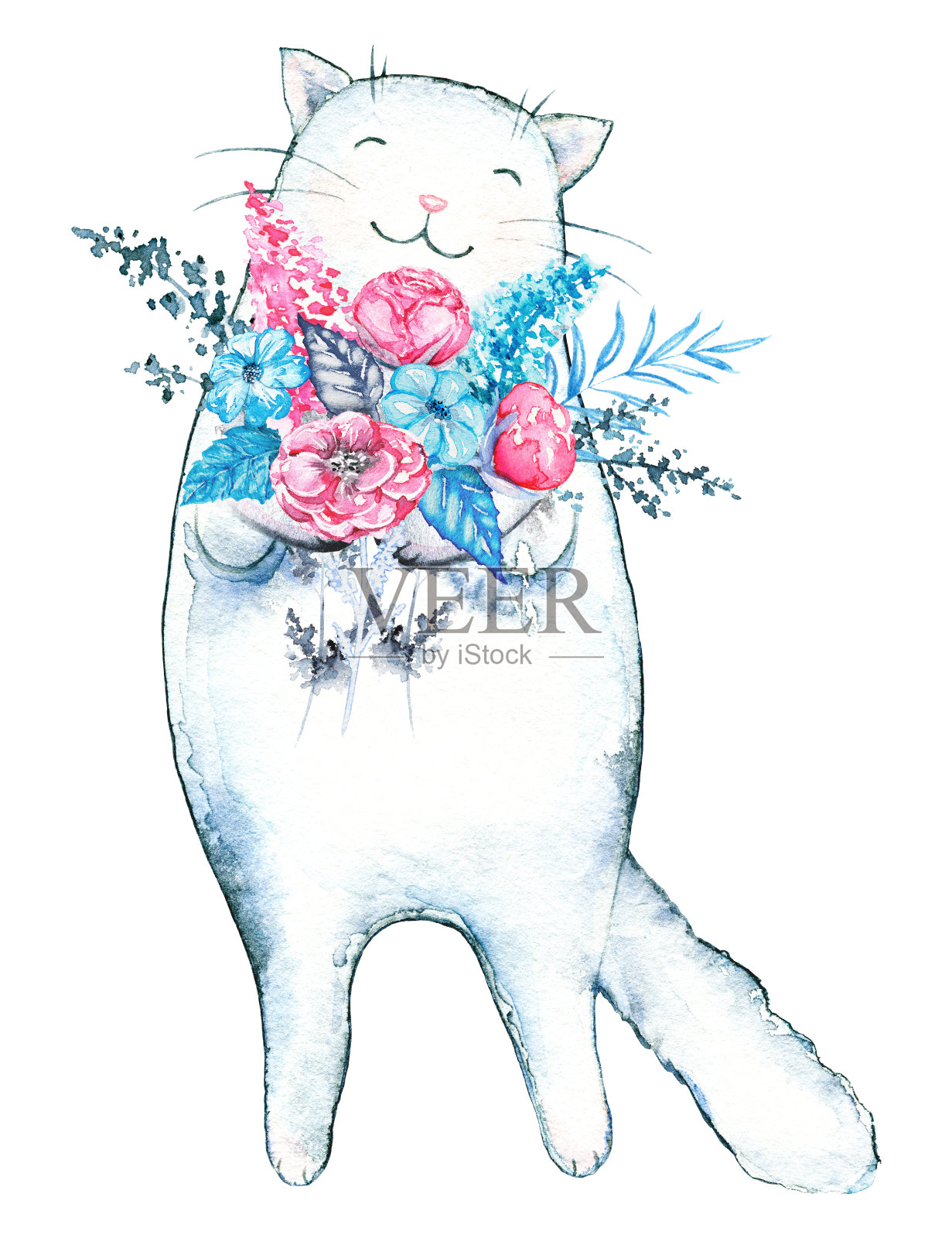 水彩白猫与花睡觉插画图片素材