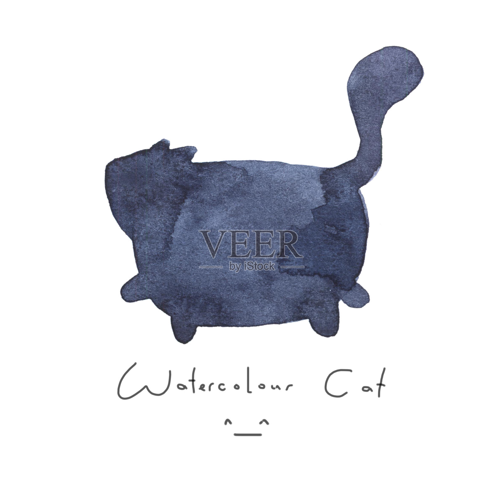 水彩画灰色，黑色，蓝色的猫孤立在白色的背景。可爱简单的动物手绘。插图风格。猫的符号或符号油漆的元素。水彩快乐的宠物。孩子的形象。插画图片素材