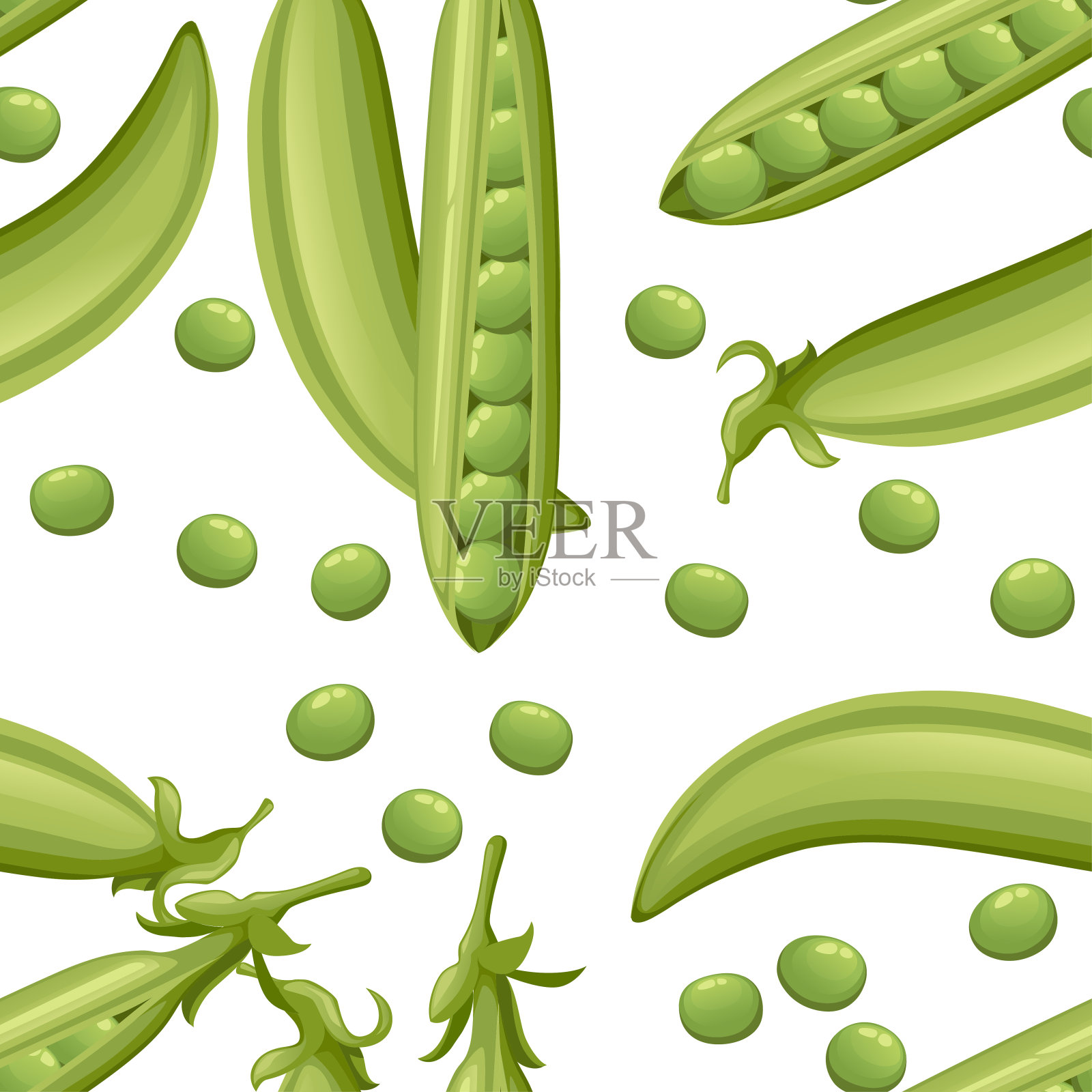 无缝模式。带叶子的绿豌豆荚。在豆荚中放置完整的和打开的豌豆。平面矢量插图上的白色背景。卡通风格的蔬菜插画图片素材