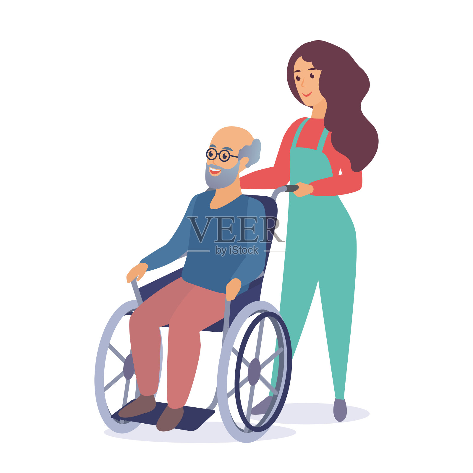 年轻女子社工与坐在轮椅上的老人散步卡通矢量插图。插画图片素材