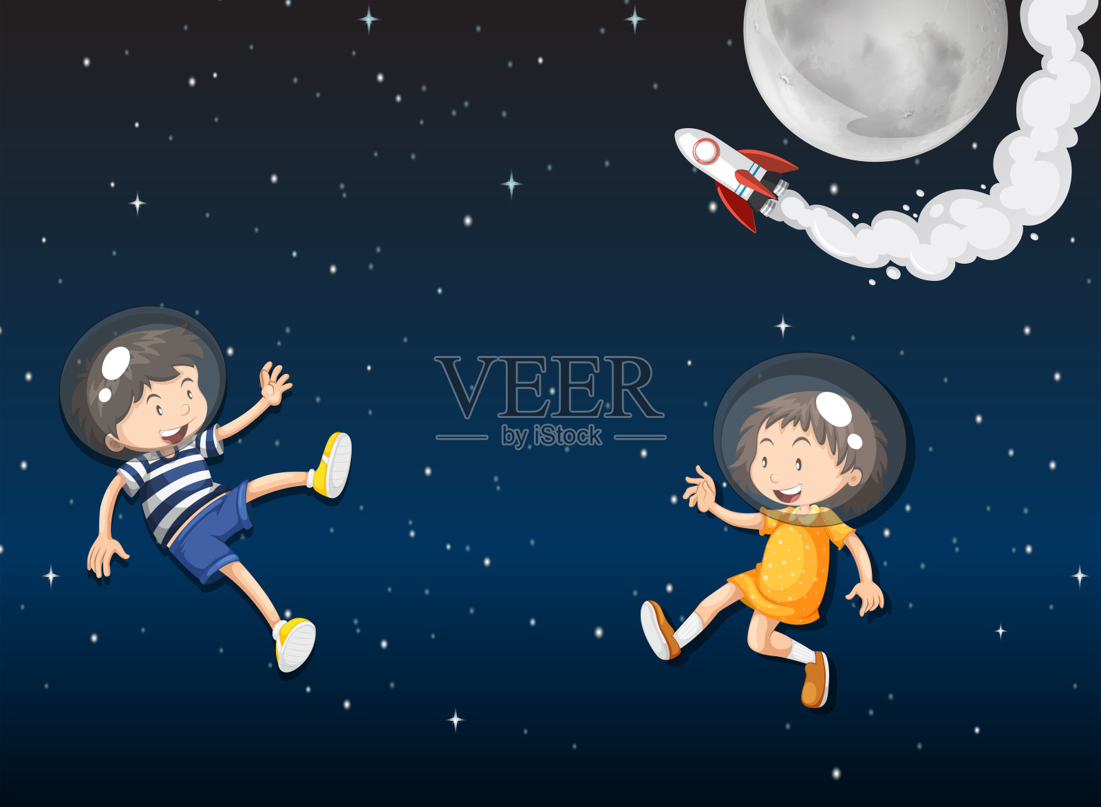 两个小宇航员在太空中插画图片素材