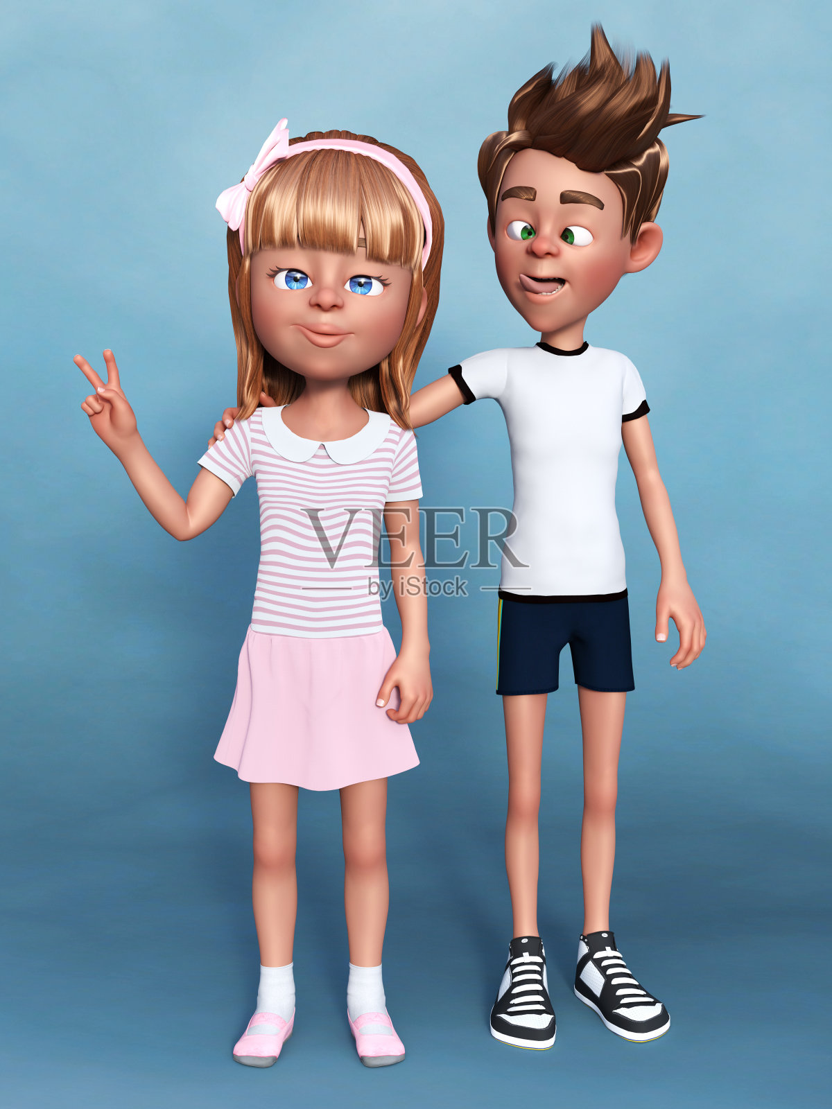 3D渲染的卡通女孩和男孩摆姿势的相机。照片摄影图片