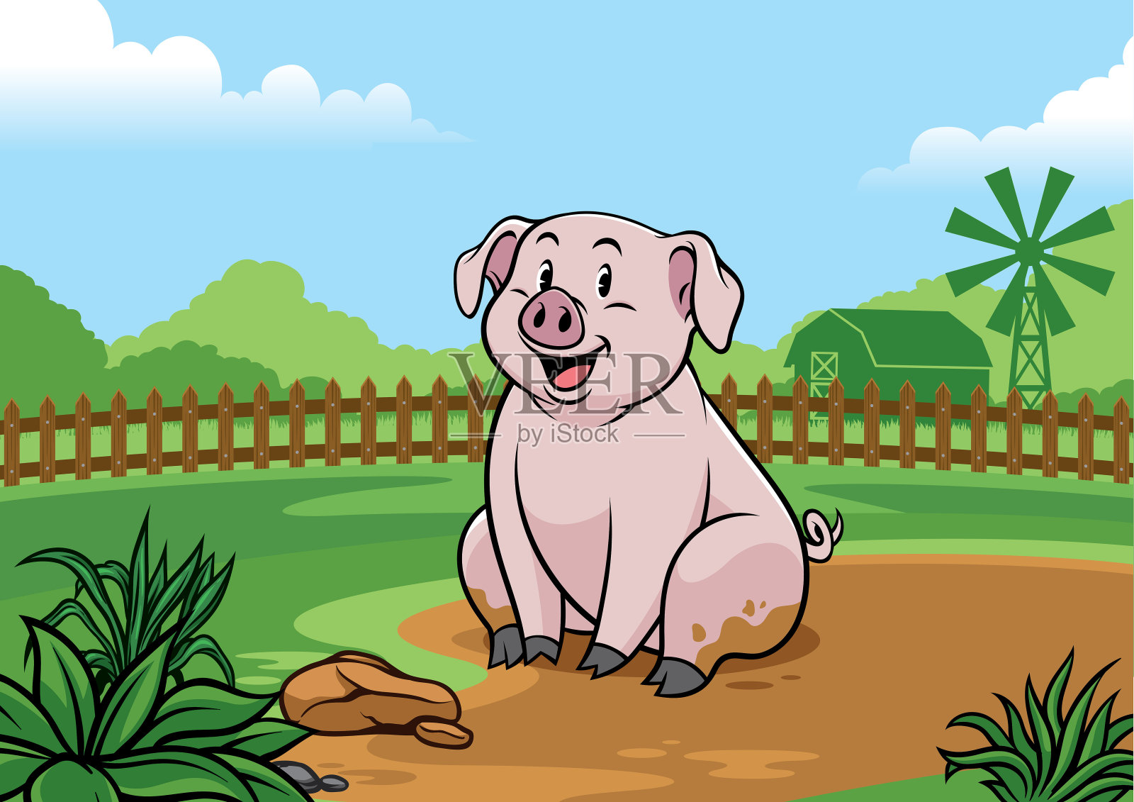 猪在泥里玩插画图片素材