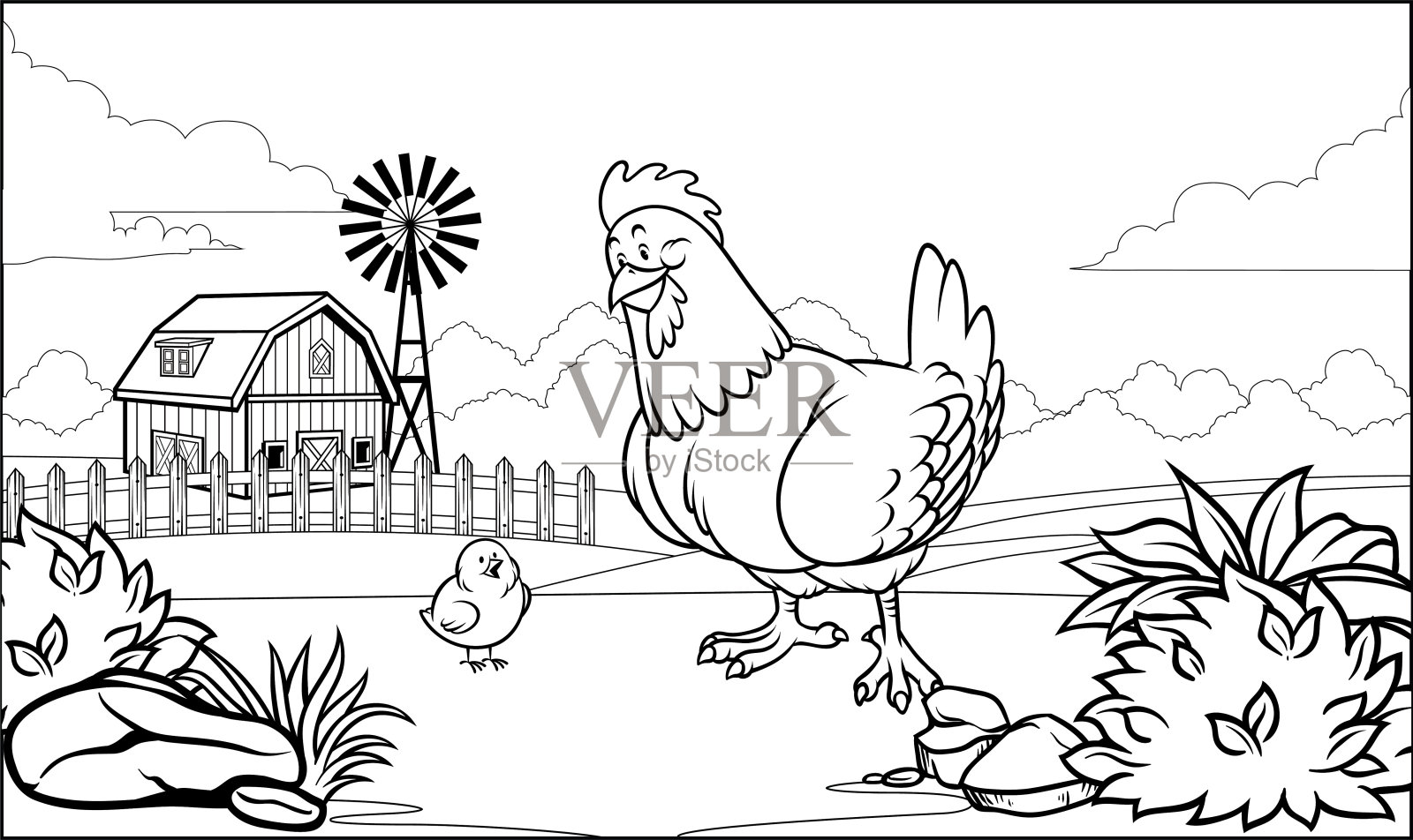 黑白涂色页母鸡在农场与她的小鸡插画图片素材