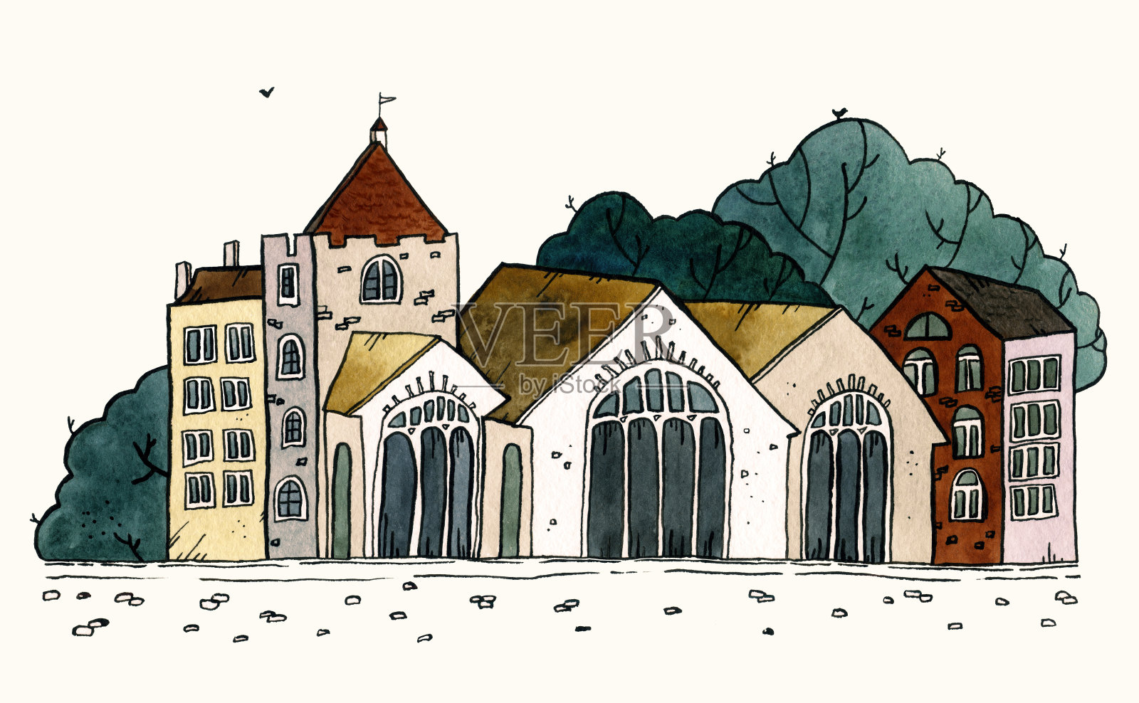 城市景观老城区手绘水彩插画。插画图片素材
