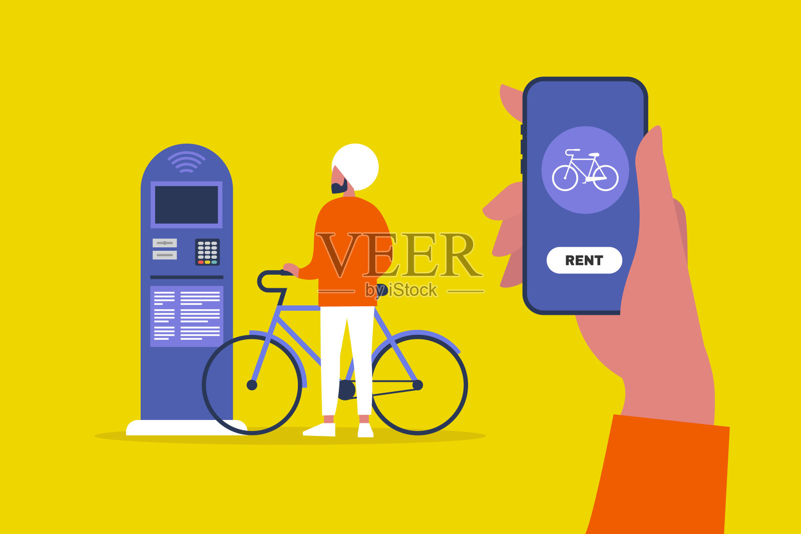 自行车租赁服务。停车的自动售货机。积极的生活方式。城市交通系统。年轻的印度人使用手机在线应用程序。健康的生活方式。骑自行车。平面向量插图插画图片素材