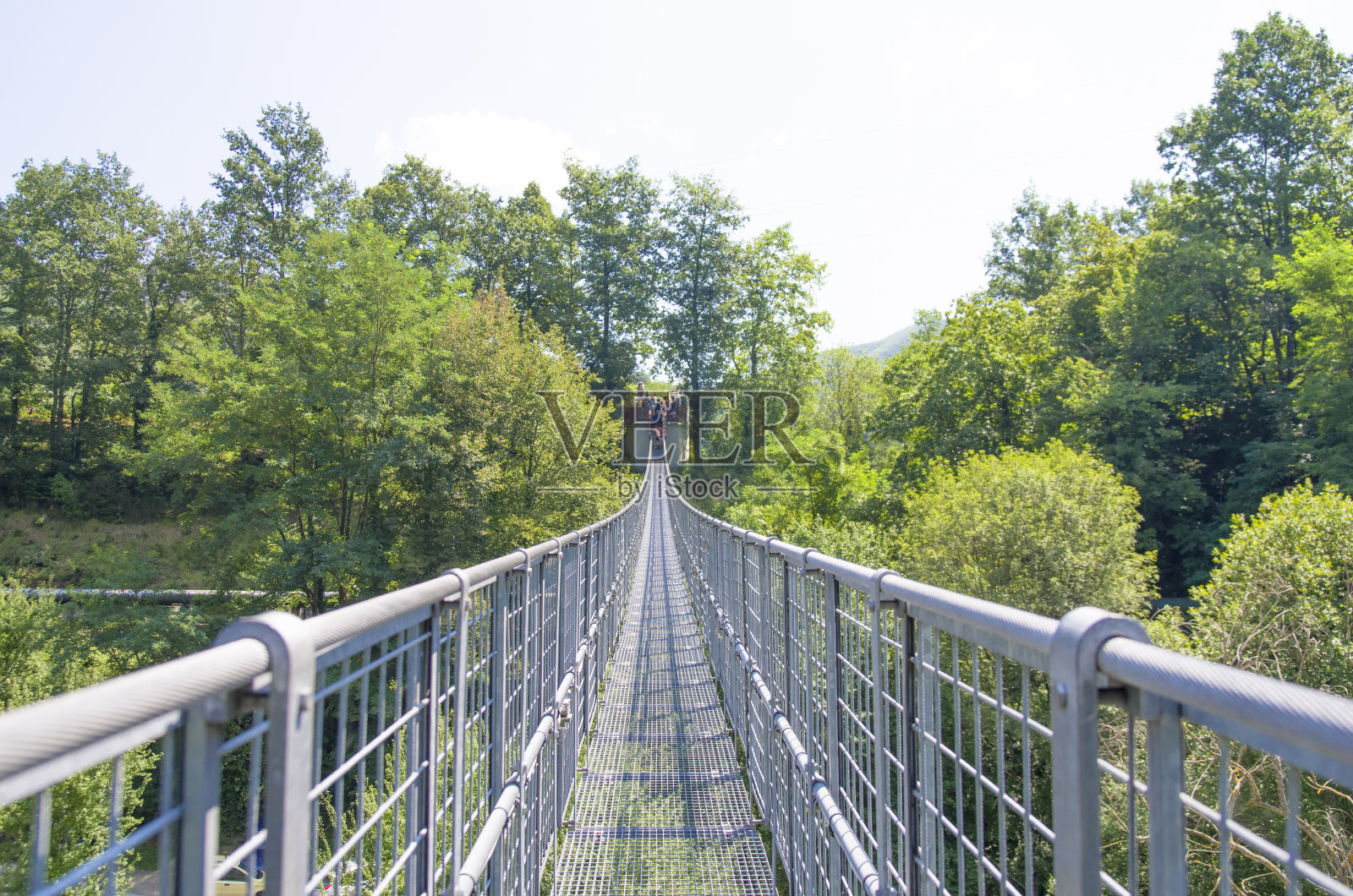 悬索桥横跨山谷和树木繁茂的山脉照片摄影图片