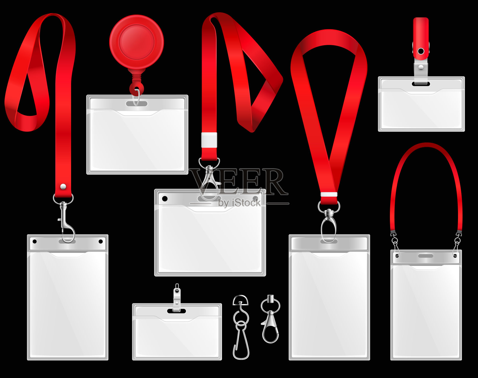 一套逼真的徽章id卡在红色挂带与带子夹，绳和扣插图设计模板素材