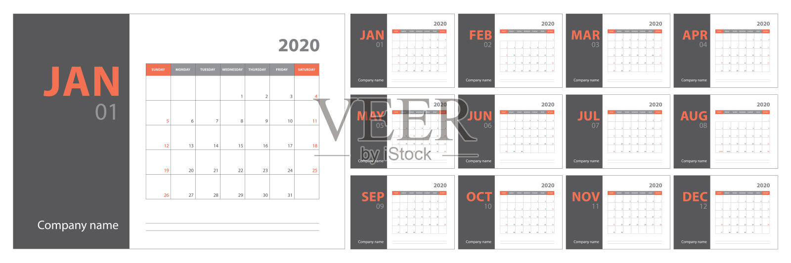 2020年日历计划。英语计划。Сolor向量模板。一周从周日开始设计模板素材