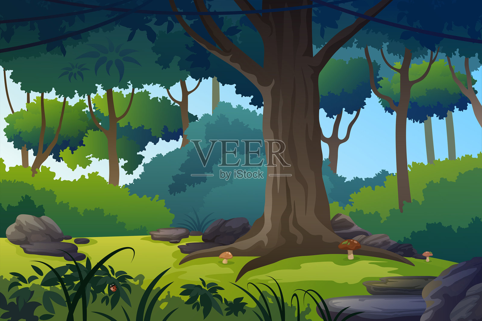 夏季幻想森林景观矢量插图。插画图片素材