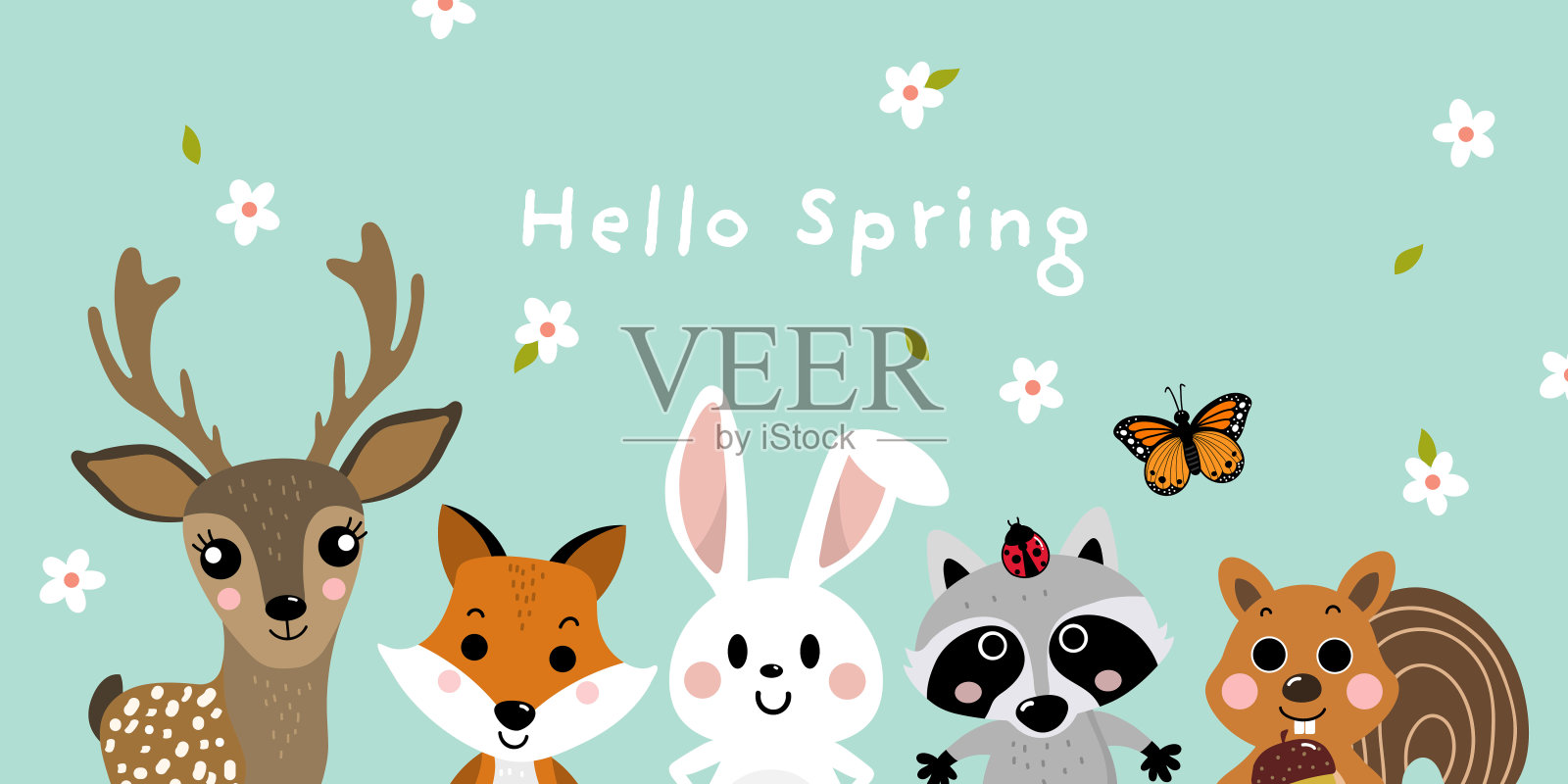 你好春天可爱的鹿，兔子松鼠，狐狸和浣熊的背景。动物卡通人物向量。插画图片素材