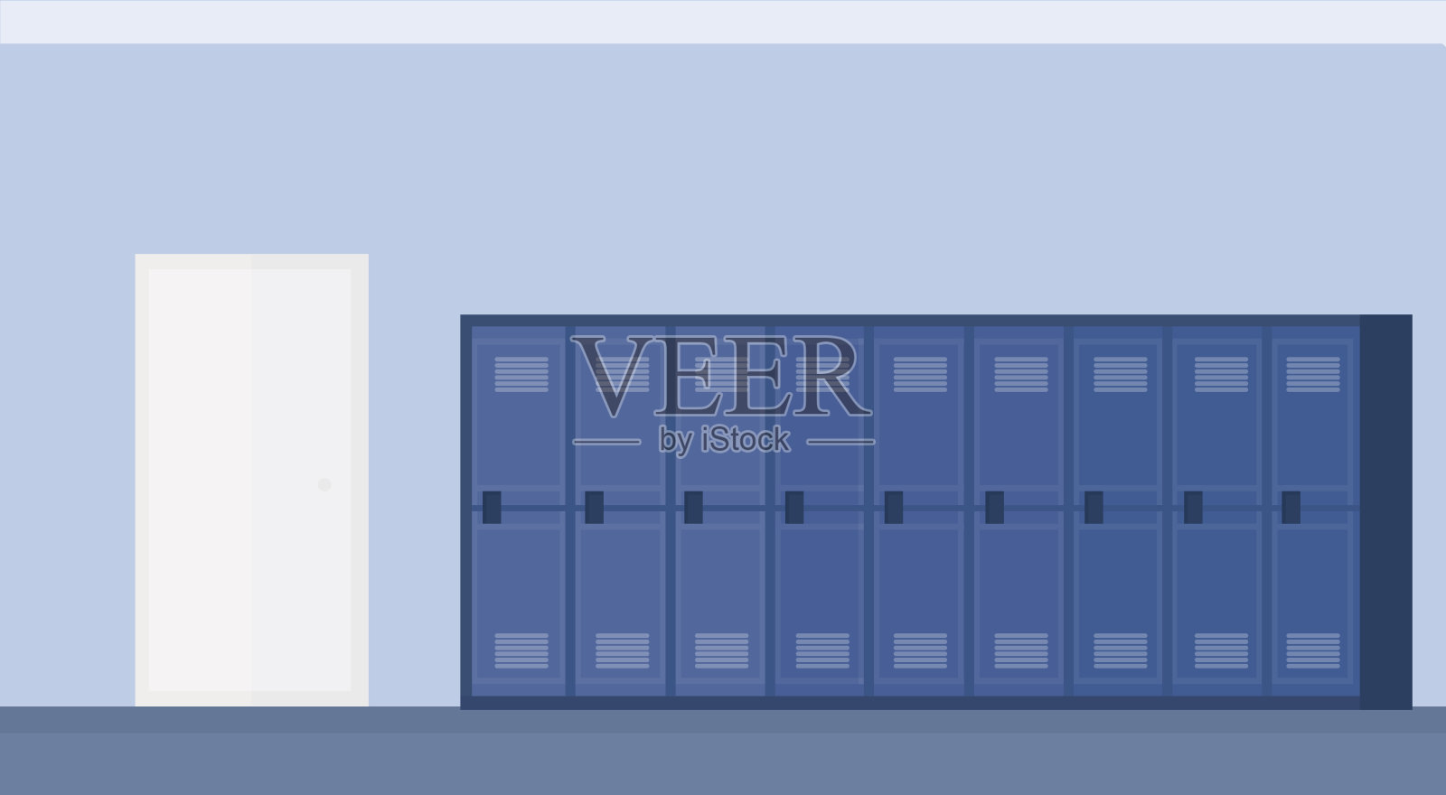 空的学校大堂走廊内部与排蓝色储物柜水平横幅平坦插画图片素材