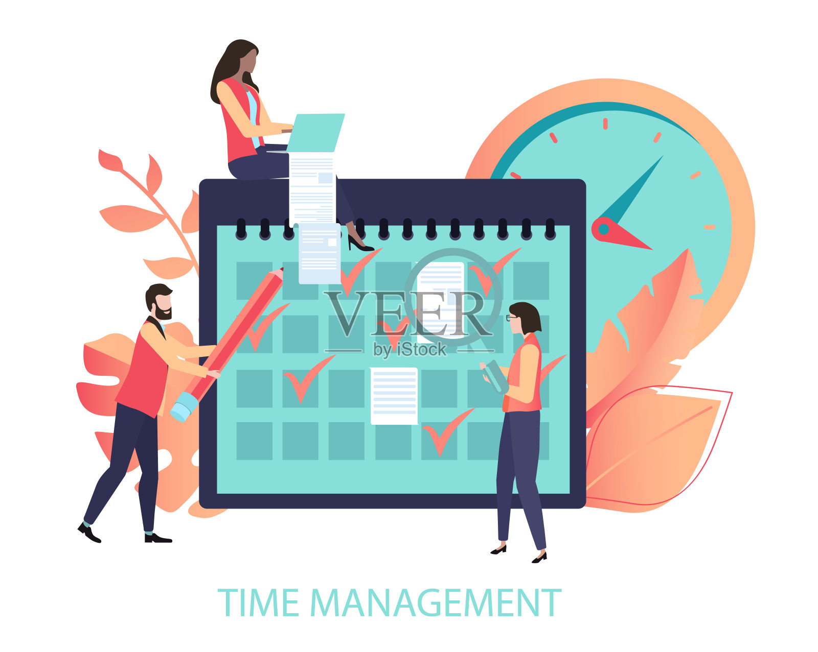 时间管理。人们制定日程安排，管理时间。珊瑚插图与日记和时钟，平面风格。插画图片素材