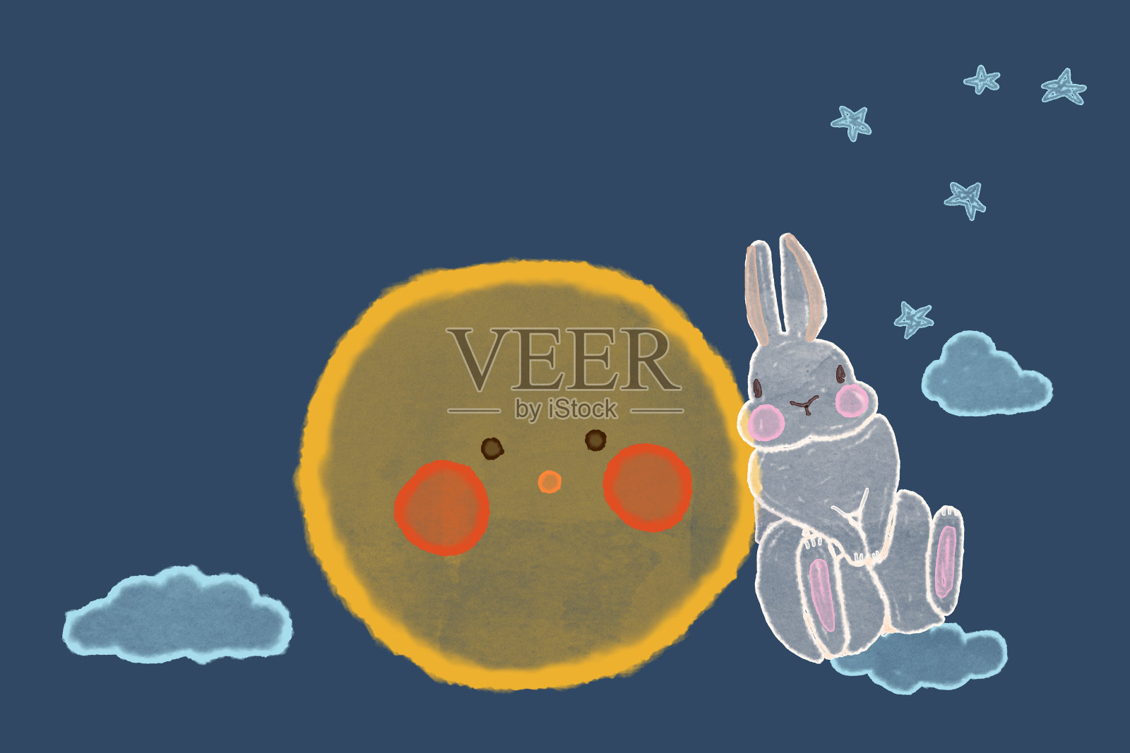 水彩兔子坐在旁边的月亮，中秋节插图兔子与满月在星空的背景插画图片素材