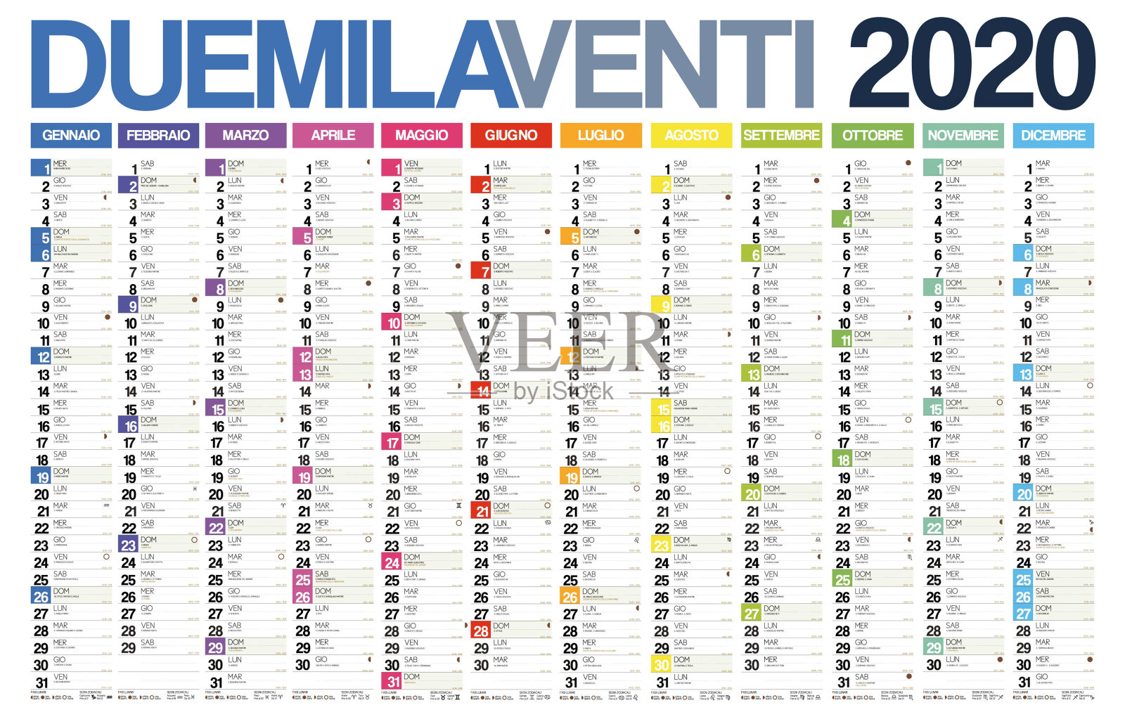 2019年意大利日历，包含意大利节日、生肖、圣人、月相、天文事件、日落和日出设计模板素材