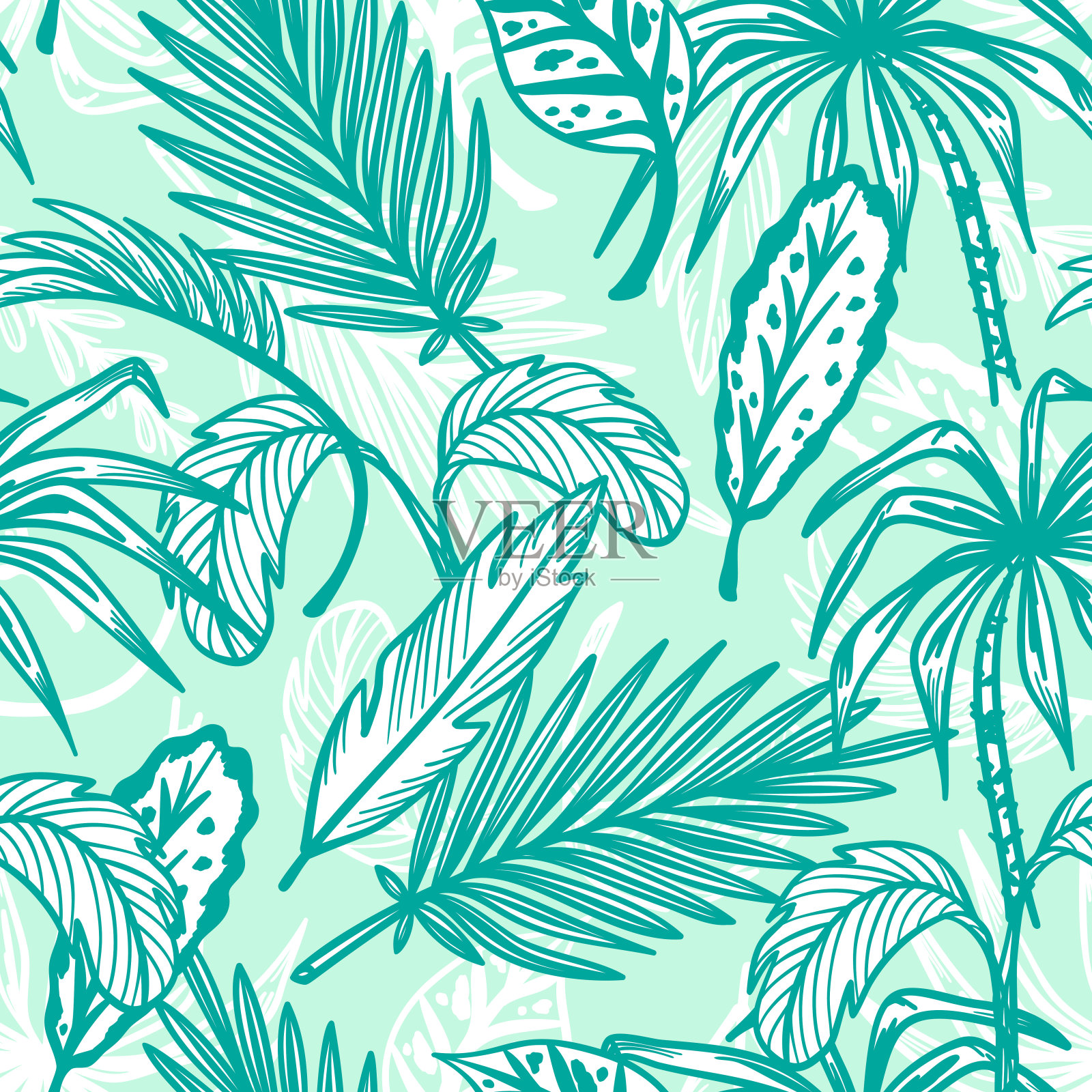 热带棕榈树叶子矢量无缝模式。手绘涂鸦棕榈叶素描。夏天花的背景。热带植物壁纸插画图片素材