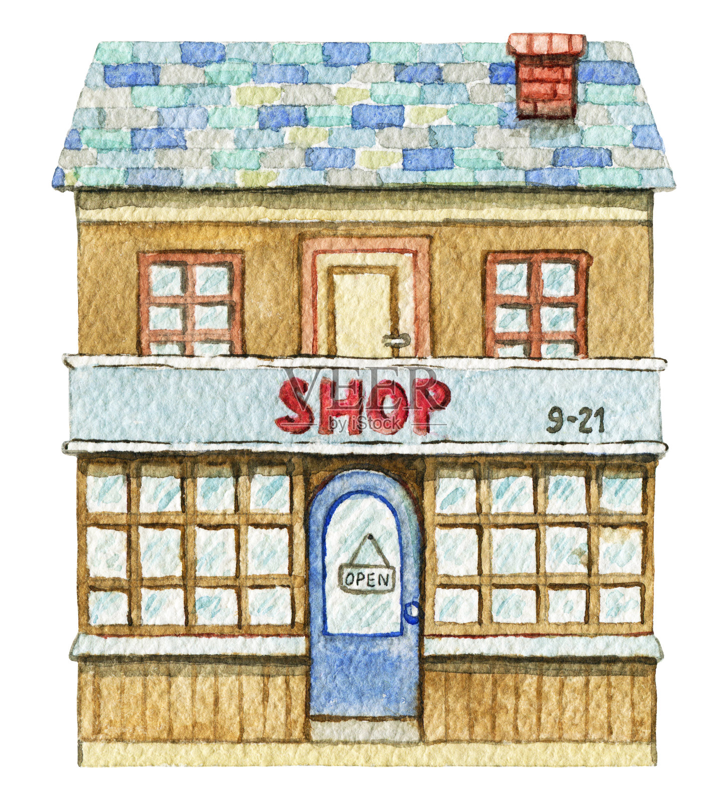 水彩棕色两层楼的商店建筑插画图片素材