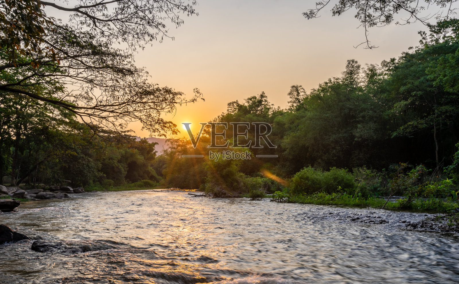 夏季自然森林河流石景观与日出照片摄影图片