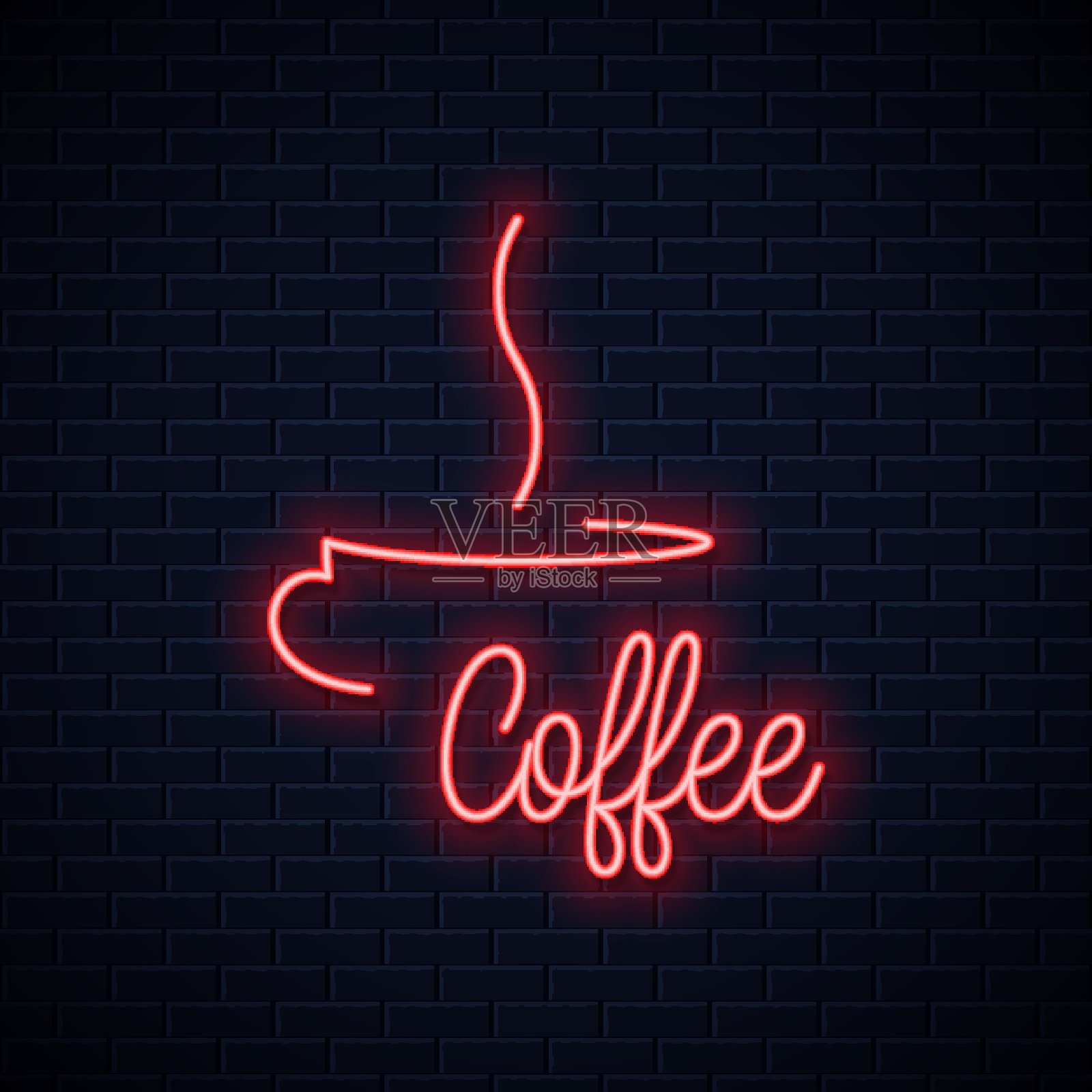 咖啡杯霓虹灯。咖啡霓虹灯字的墙壁背景插画图片素材