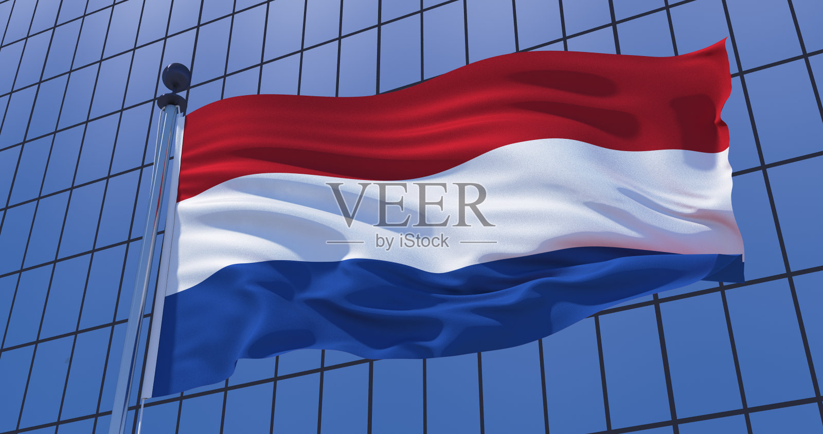 荷兰国旗在摩天大楼的背景。三维演示照片摄影图片