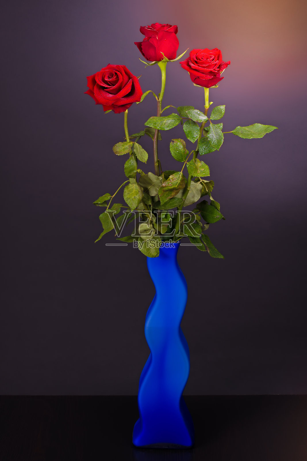 3朵红玫瑰插在一个蓝色的花瓶上，在一个黑暗的背景，照片在一个低调照片摄影图片
