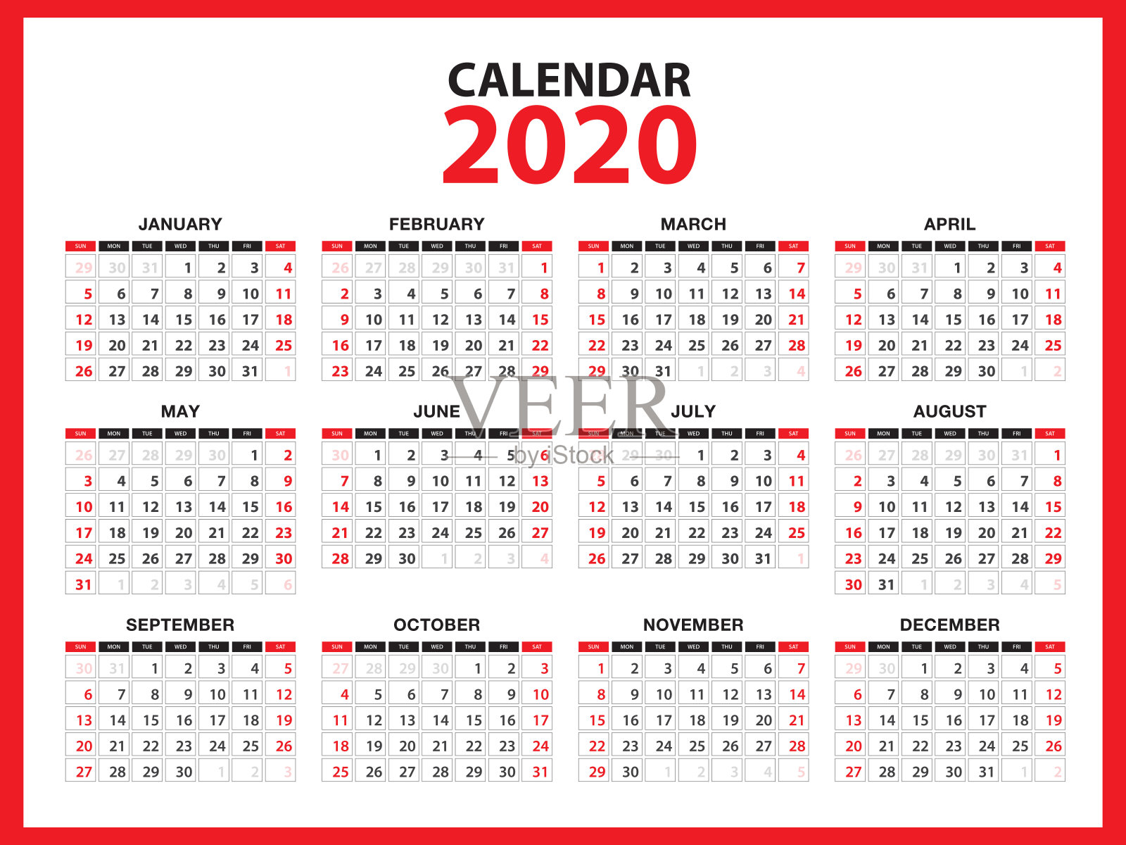 日历2020模板布局，红色概念，商业小册子传单，印刷媒体，广告，简单的设计模板，创意矢量插图设计模板素材
