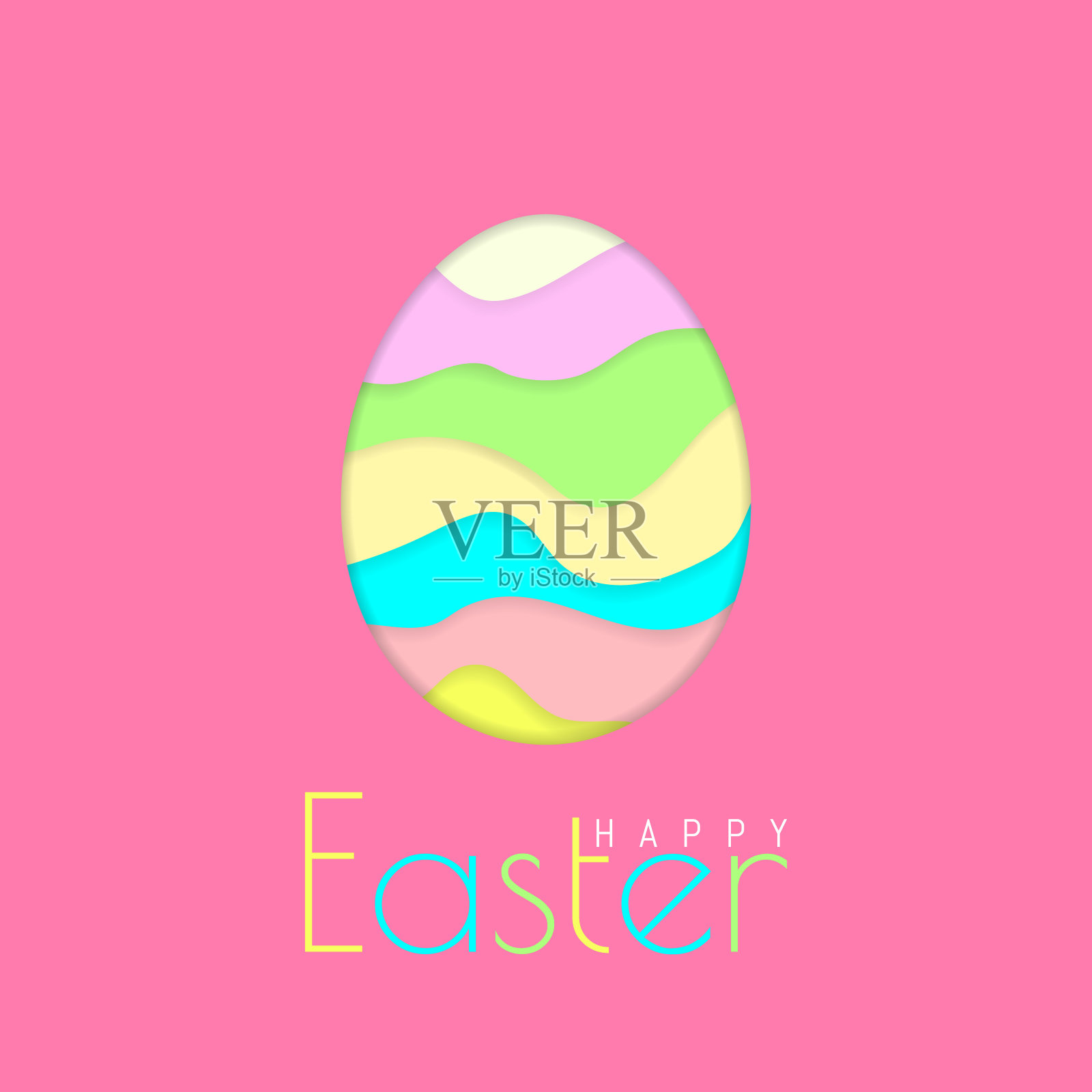 复活节快乐贺卡与彩色纸复活节彩蛋在粉红色的背景。矢量图插画图片素材