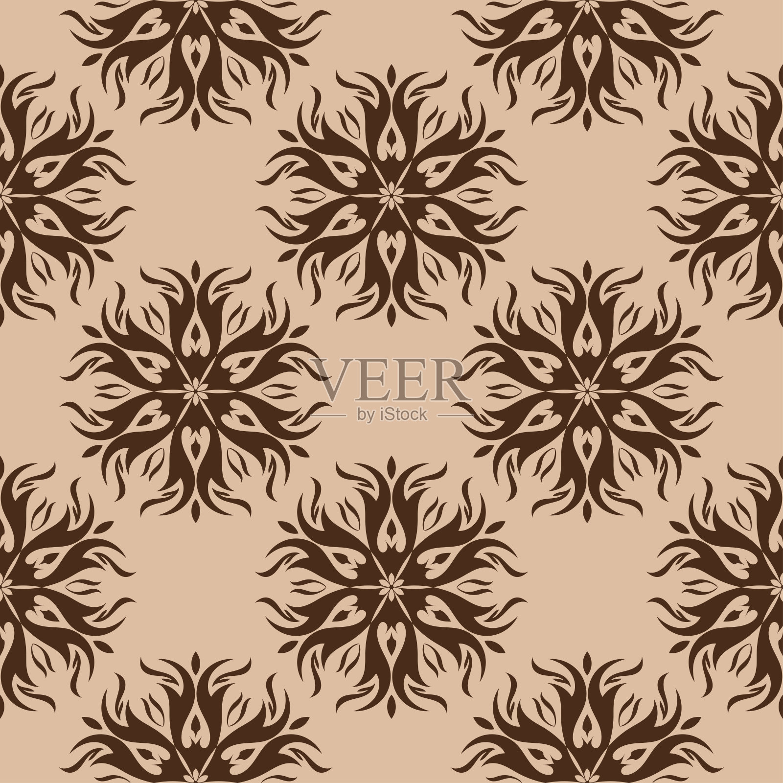 褐色花，米色背景。无缝模式插画图片素材