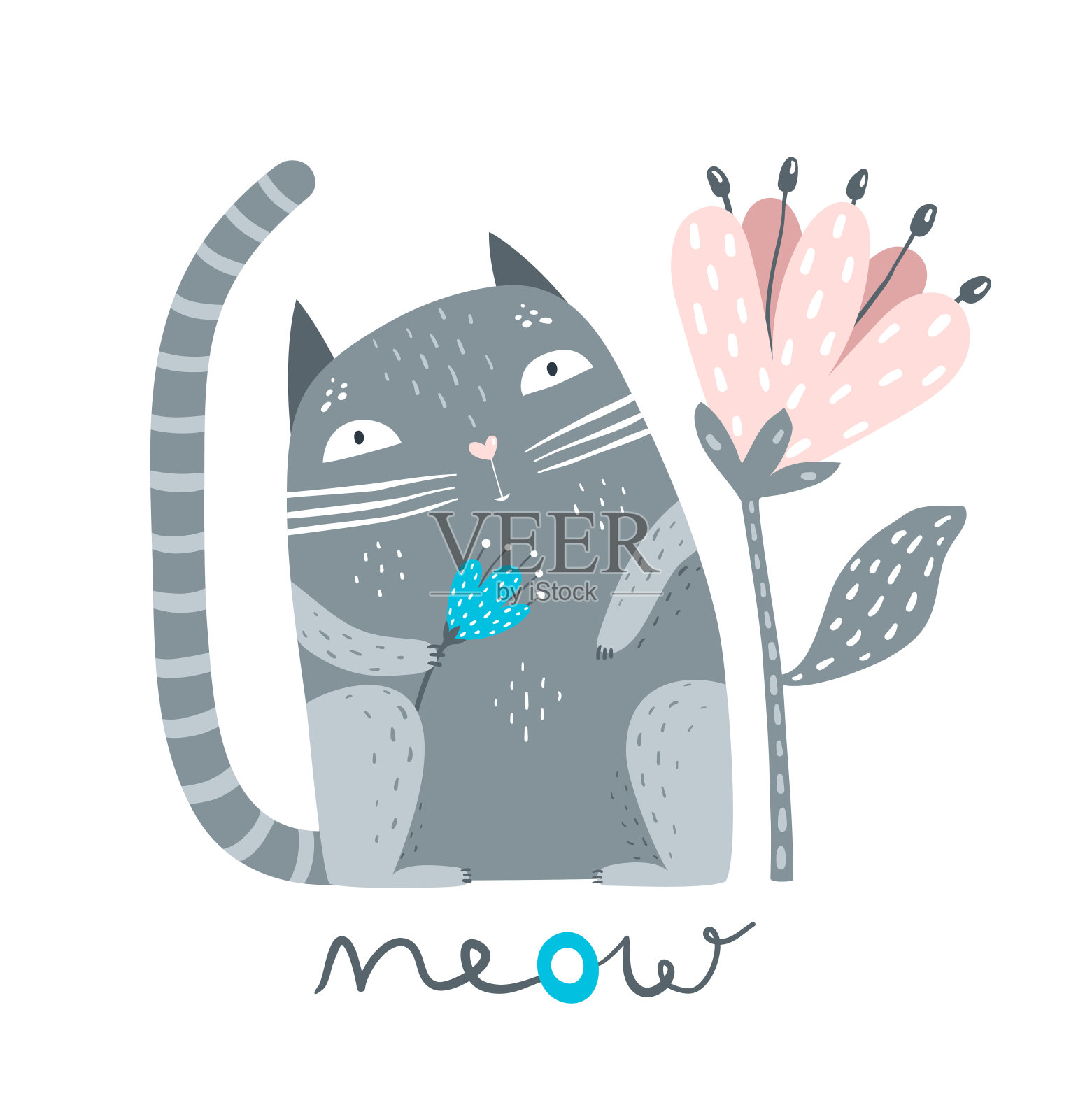 带着花的猫叫标志插画图片素材