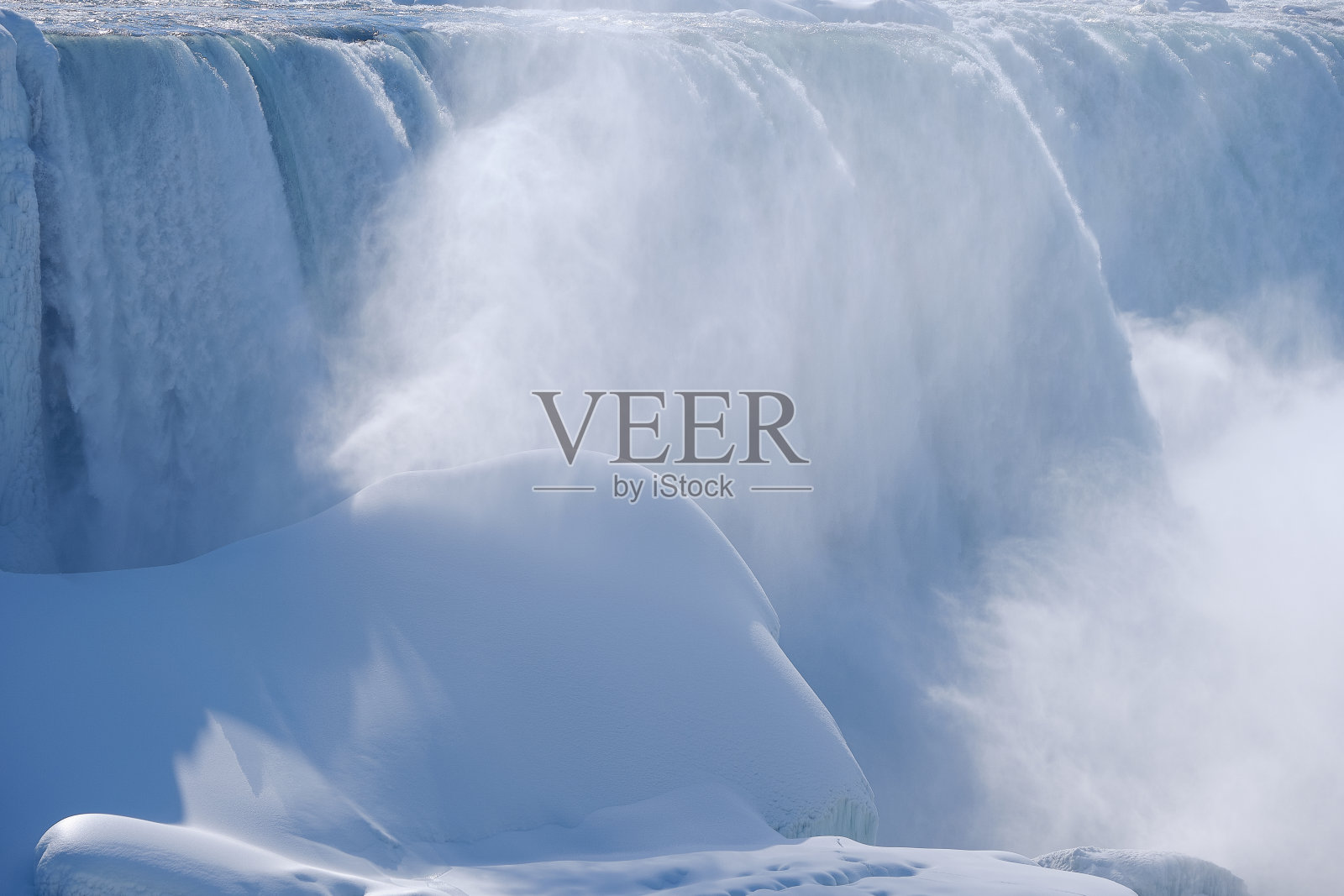 在加拿大安大略省的尼亚加拉大瀑布，雾气从部分冻结的瀑布底部升起，冰雪覆盖了一切照片摄影图片