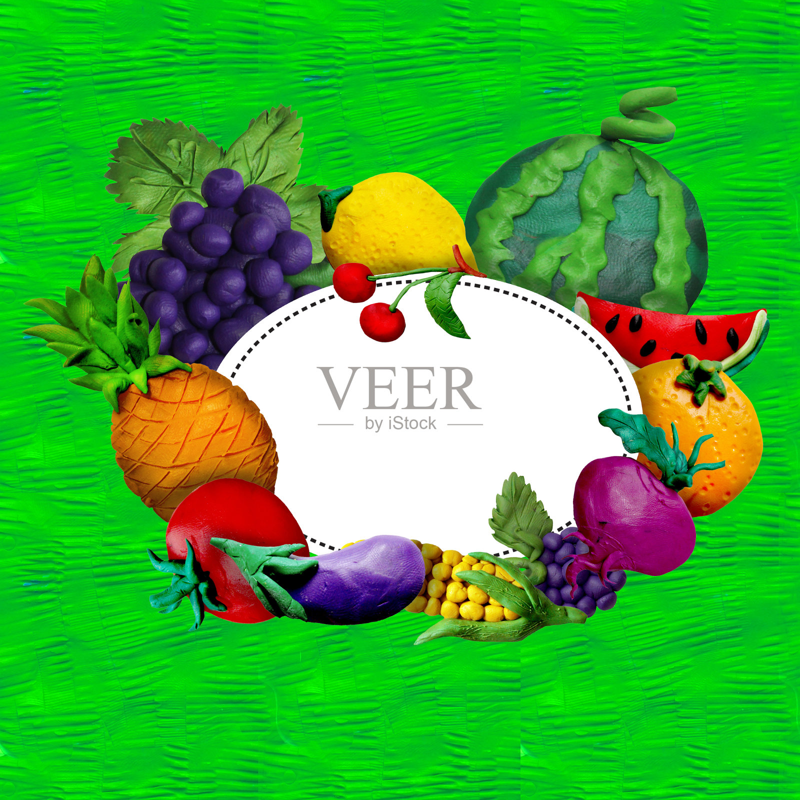 彩色的橡皮泥手工制作的三维水果和蔬菜框架与文本的地方照片摄影图片