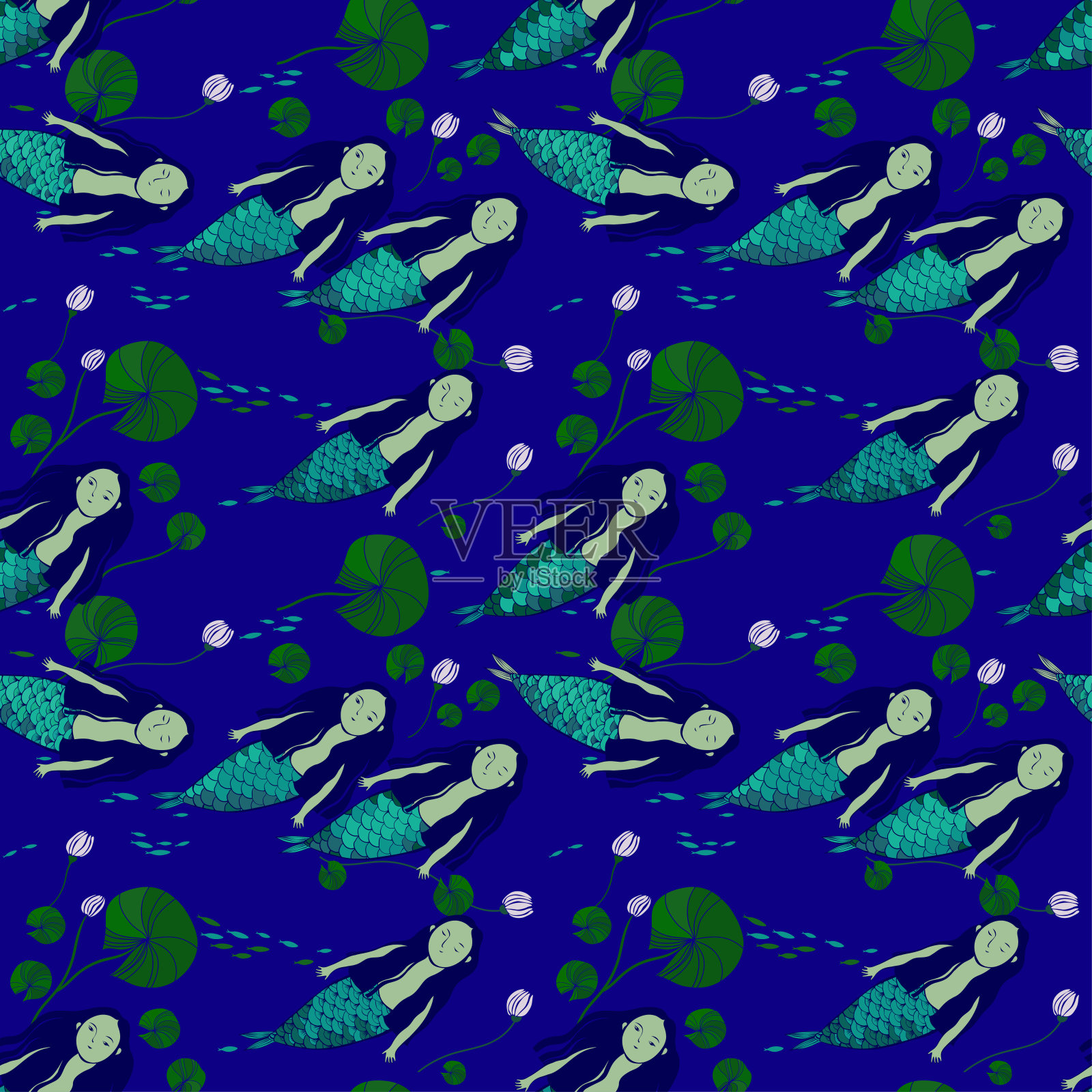 一大群美人鱼在睡莲中漂浮着一个美人鱼女孩的波浪设计元素图片