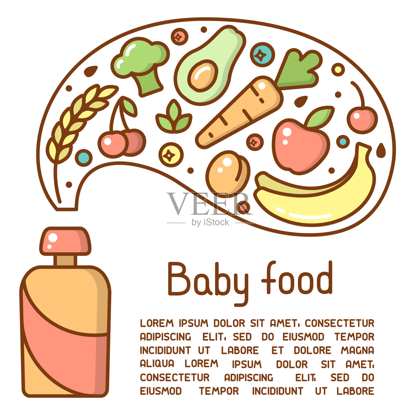 婴儿食品海报概念与膳食元素和样本文本插画图片素材