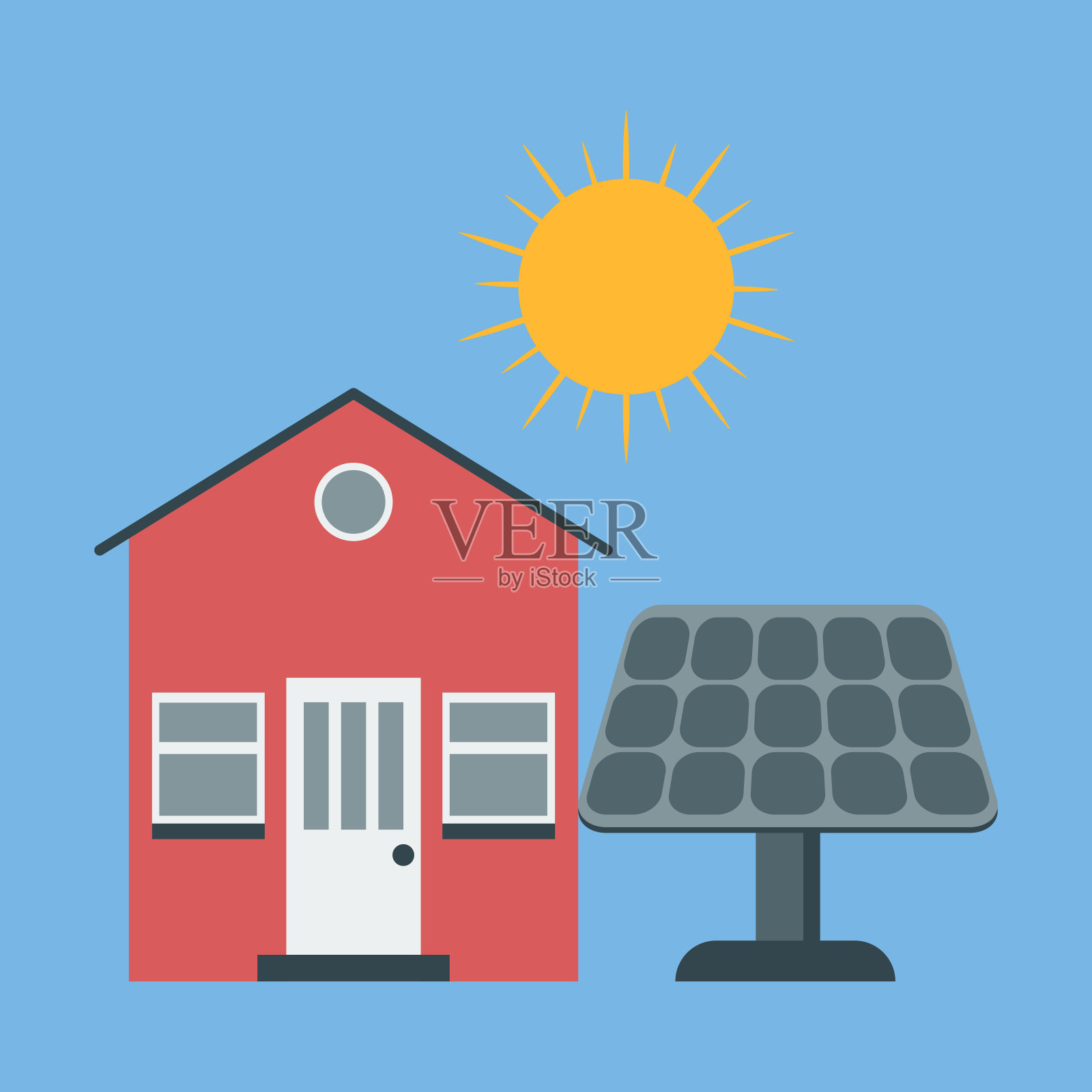 图标太阳能电池板。房子和太阳。插画图片素材
