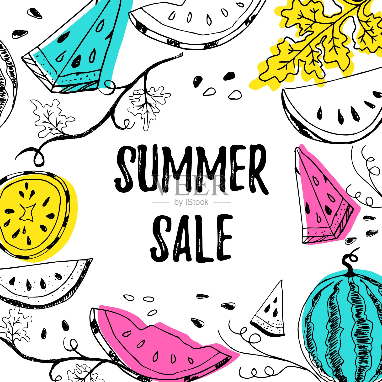 夏季销售横幅明信片文字与手绘西瓜和彩色形状矢量插图。夏季销售传单或横幅或传单概念模板。整个，部分，叶子和种子。设计元素图片