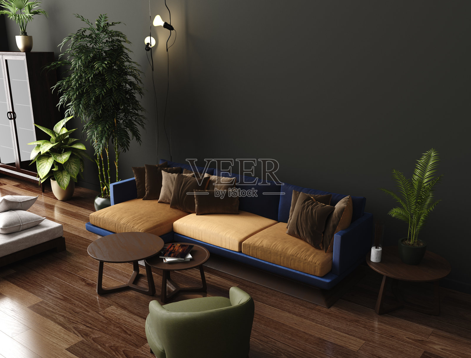 豪华现代的客厅内部，深绿色的棕色墙壁，现代沙发扶手椅和植物照片摄影图片