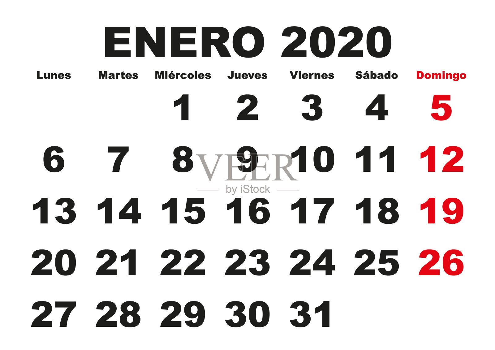 Enero 2020墙日历西班牙语插画图片素材