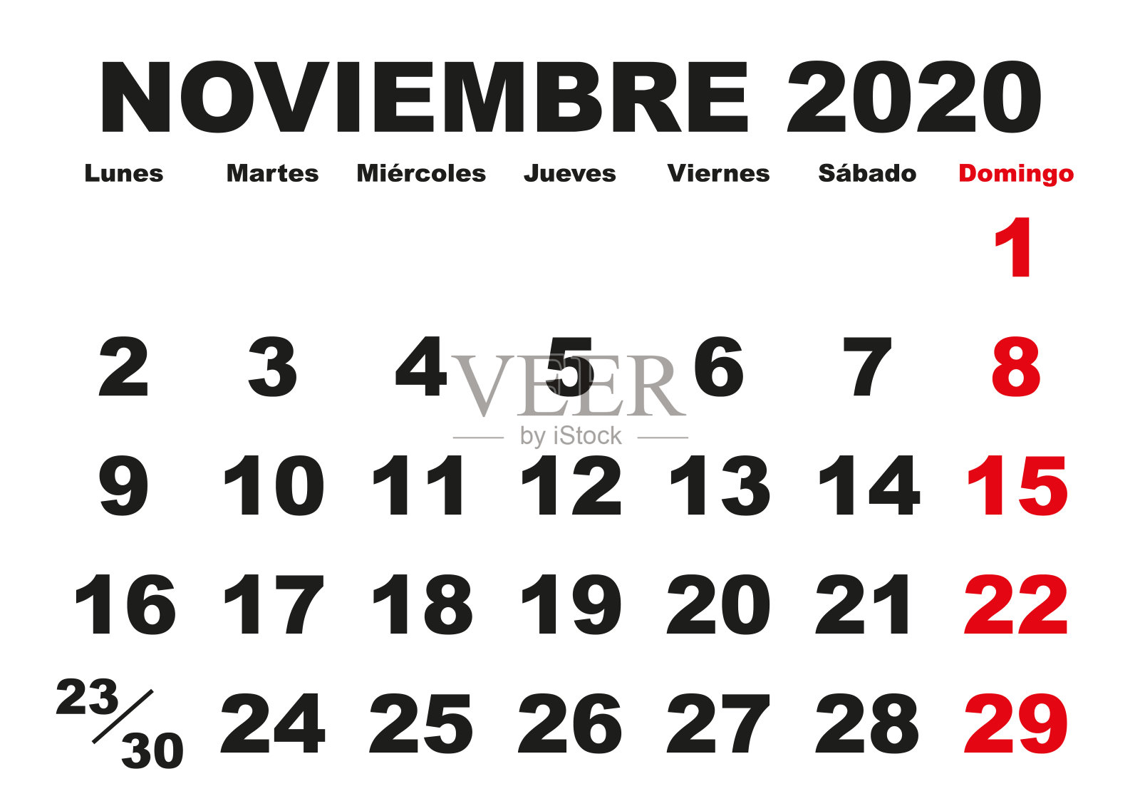 Noviembre 2020墙日历西班牙语插画图片素材